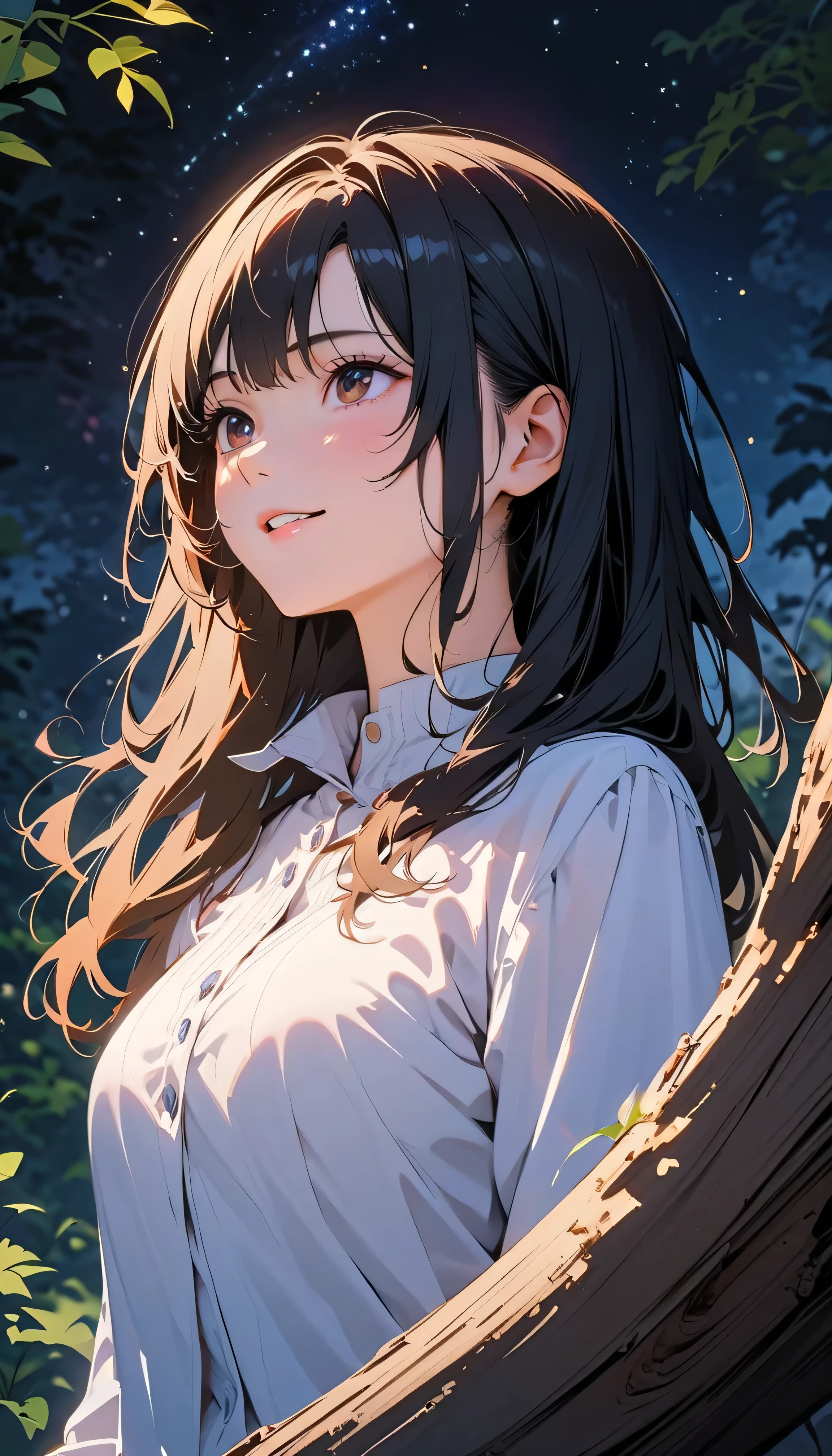 (Highest Quality:1.2, 非常にdetailsな, newest, Highest Quality, Best Aesthetics), 8K Ultra HD, 非常にdetailsな, details, Bold composition, (perfect human structure), beautiful and very delicate texture, delicate and dynamic, romantic and sweet style, concept art style, 非常に複雑なdetails, the contrast between light and dark is clear, Structured, fantastic night,  light gradation , Vivid and gentle colors, An old tree, Fantastic starry sky, backlight, One nice girl, 非常にdetailsな目と顔, Dark Eyes,  smooth skin texture , shiny skin, kind expression, Girl sitting on a tree branch, smiles, black hair,  young,  light clothing, 2.5d, realistic, looks up at the night sky, angle from below
