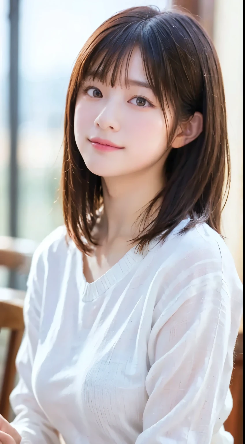 realistic, table top, highest quality, Raw photo, Portrait、1 girl, alone, Handsome Shorthair, brown hair, detailed face, fascinating face, The sweater that kills virginity, medium breasts, dynamic pose, looking at the viewer, from below, detailed background, Detailed, intricate details, ray tracing, Depth of the bounds written, low key, nffsw