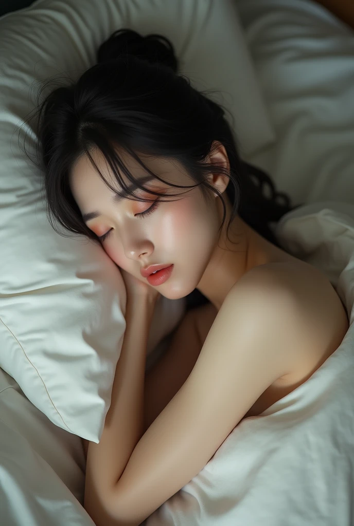 Korean woman sleeping in bed with no bra and no underwear