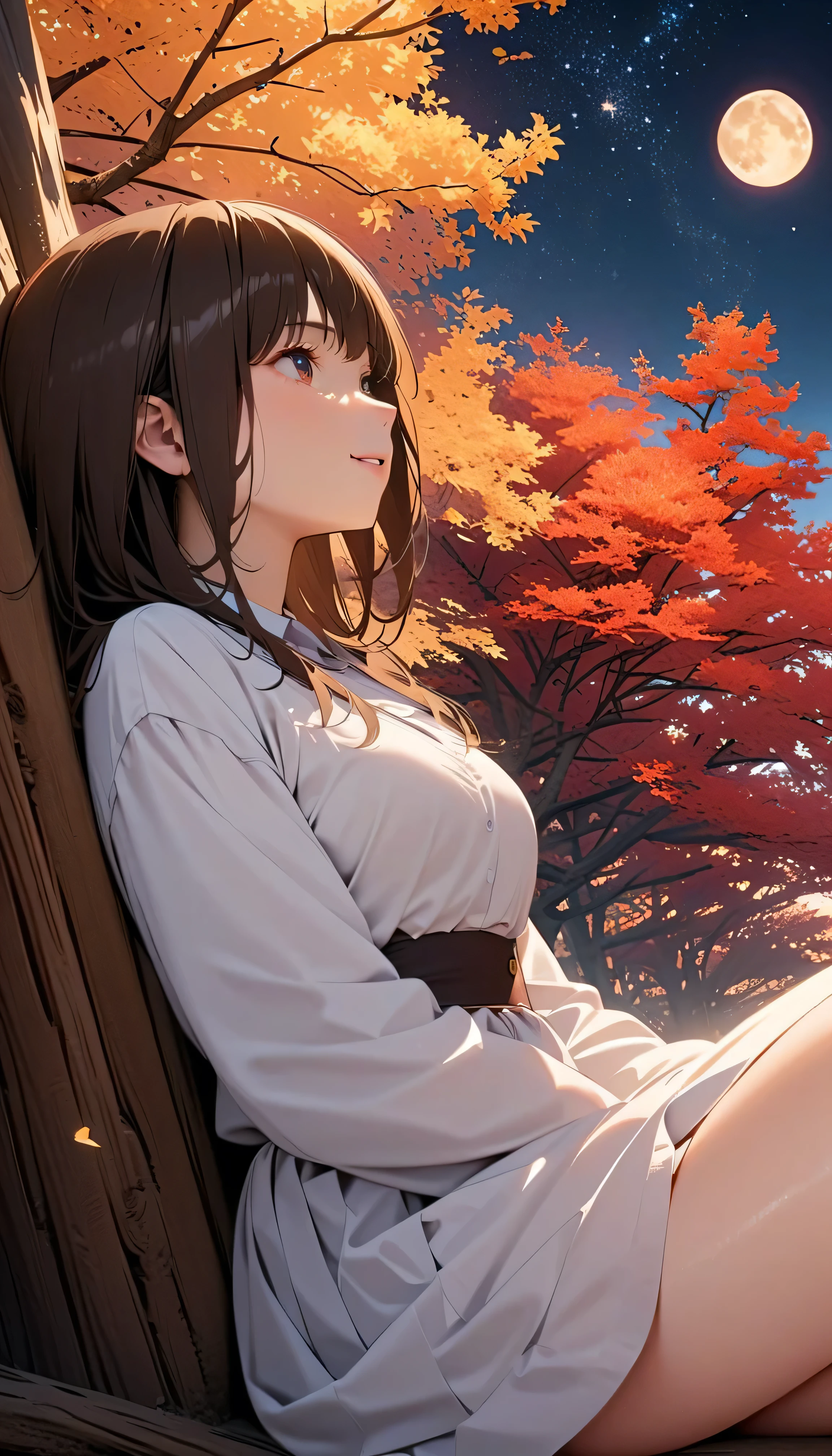 (Highest Quality:1.2, 非常にdetailsな, newest, Highest Quality, Best Aesthetics), 8K Ultra HD, 非常にdetailsな, details, Bold composition, (perfect human structure), beautiful and very delicate texture, delicate and dynamic, romantic and sweet style, concept art style, 非常に複雑なdetails, the contrast between light and dark is clear, Structured, fantastic night, light gradation , Vivid and gentle colors, An old tree, Fantastic starry sky, backlight, One nice girl, 非常にdetailsな目と顔, Dark Eyes, smooth skin texture , shiny skin, kind expression, Girl sitting on a tree branch, smiles, black hair, young, short, light clothing, 2.5d, realistic, looks up at the night sky, angle from below