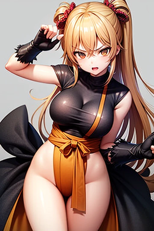 nekoyo chloe, jewelry, upper body, virtual youtuber, ninja, dark-skinned female, hair between eyes, solo, breasts, mask, multicolored hair, looking at viewer, yellow eyes, blurry, black hair, blurry background, hair ornament, blush, large breasts, dark skin, bare shoulders, mouth mask, cleavage, two-tone hair, ninja mask, streaked hair, long hair, 1girl, blonde hair, bangs