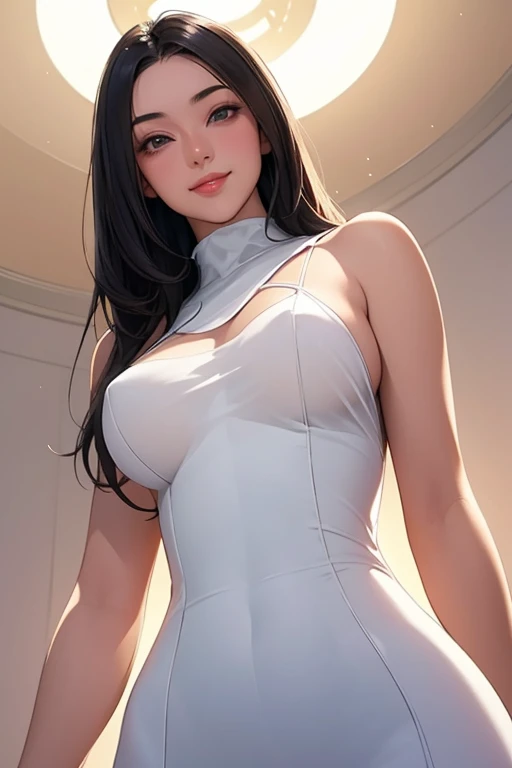 (best quality, masterpiece, perfect face) black hair, 18 years old pale girl, small bust, white sundress, H-cup