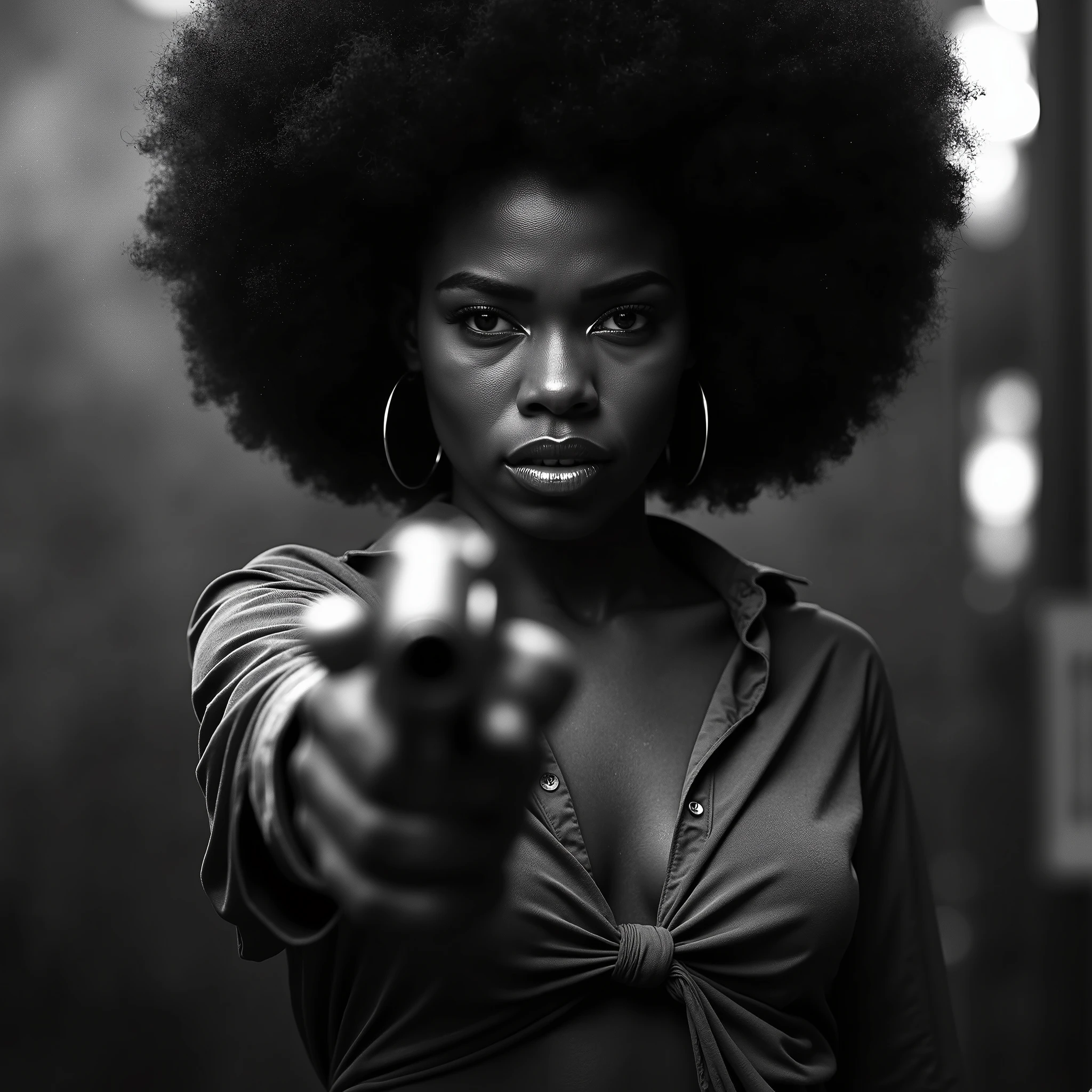 An ultra-realistic, cinematic close-up black-and-white portrait of a fierce woman from the 1970s Blaxploitation era. Her intense, commanding eyes lock directly onto the camera, radiating raw power and unshakable confidence. In the foreground, slightly blurred, she draws a gleaming silver revolver with swift, purposeful motion. Her voluminous, natural afro frames her determined expression, dramatically catching sharp, high-contrast lighting. Harsh beams of light pierce through thick cigarette smoke and suspended dust, carving bold highlights and deep shadows across the scene. The shallow depth of field isolates her fierce gaze and the motion of the weapon, heightening the immediacy and intensity of the moment. The absence of color enhances the textures—the subtle sheen of sweat on her brow, the shine of the revolver, the folds of her knotted blouse—amplifying the gritty, raw tension of a classic 1970s urban noir atmosphere. Every element converges to evoke danger, rebellion, and unstoppable charisma with timeless cinematic impact.