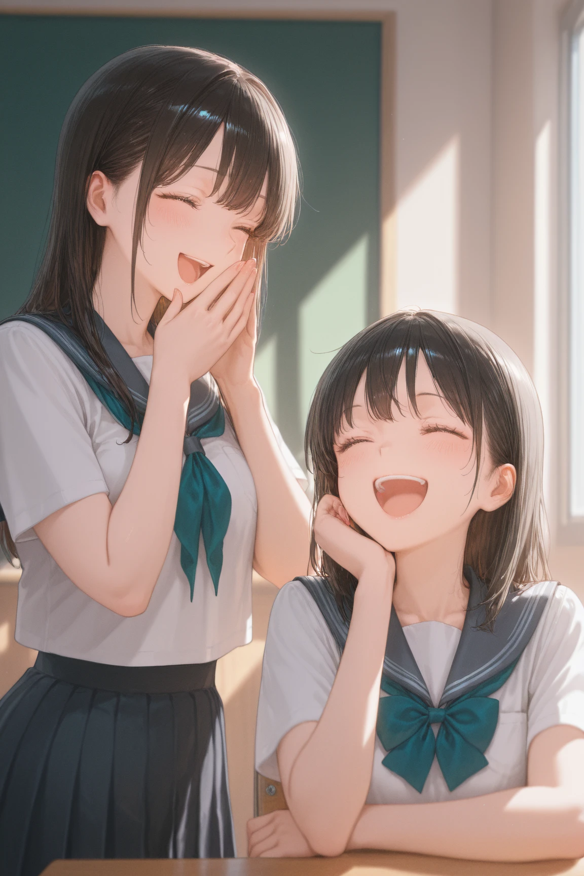 A cheerful scene of three s in school uniform. In the middle, A black-haired, medium-built girl is putting on makeup while laughing with her two friends. All three are dressed in the same school uniform and look happy and carefree.. The scene conveys a sense of friendship and youthful fun.