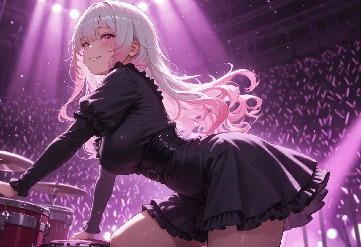 ((live stage)), multicolored neon light, spotlight, happiness smile, enjoy expression, amazing masterpiece, top quality, high fashion, absurdres extremely, HDR, intricate details, vivid colors, cinematic lighting, curvy beauty body, very cute girl, pink eyes, wavy hair, gothic frills dress, gradation hair, pink hair, white hair, wolf cut hair, long hair, playing the drum, from side, Performance live, side shot, cowboy shot, bent knees, sweat, A lot of spectators, Enthusiasm, A sense of dynamism