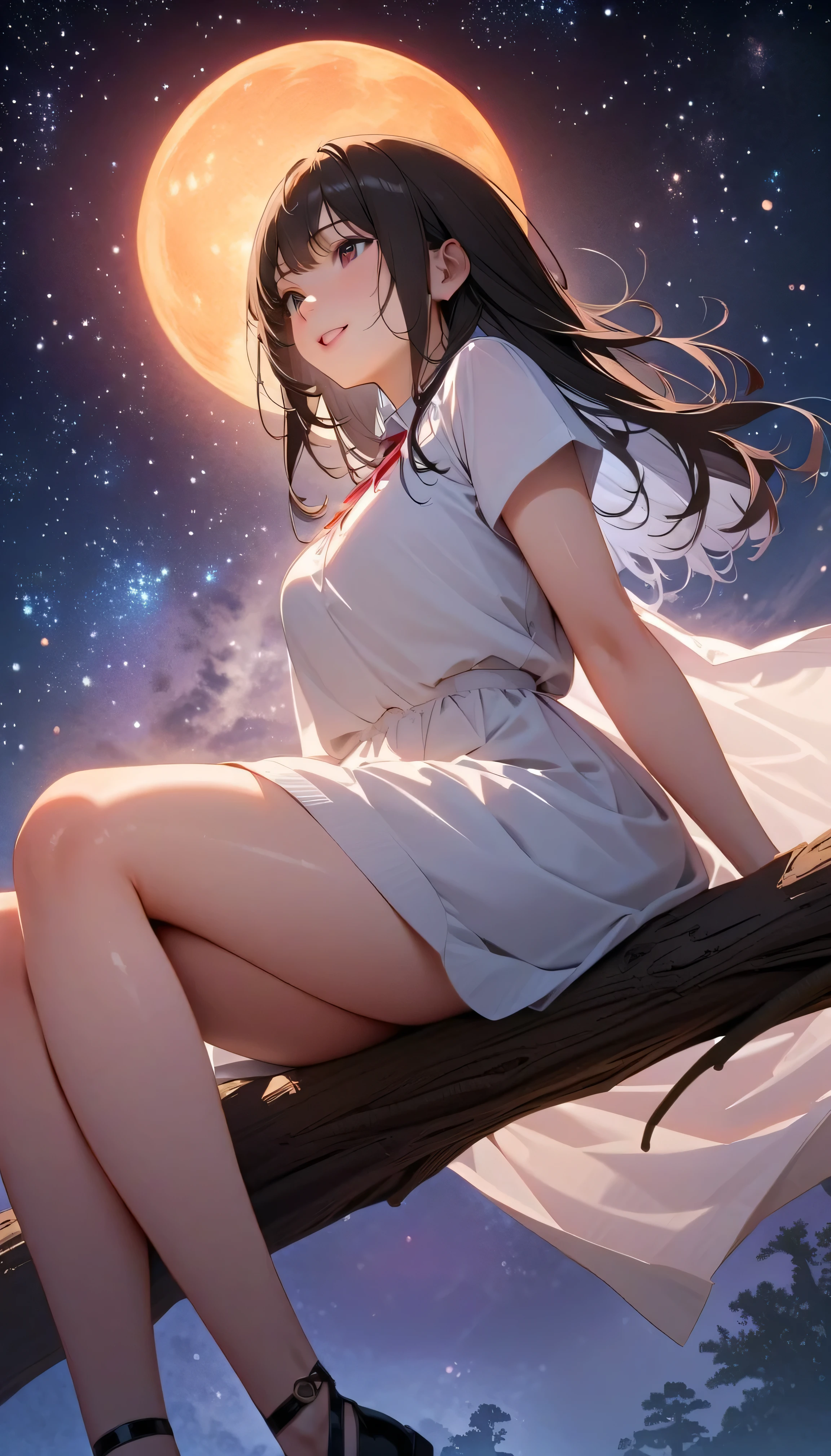 (Highest Quality:1.2, 非常にdetailsな, newest, Highest Quality, Best Aesthetics), 8K Ultra HD, 非常にdetailsな, details, Bold composition, (perfect human structure), beautiful and very delicate texture, delicate and dynamic, romantic and sweet style, concept art style, 非常に複雑なdetails, the contrast between light and dark is clear, Structured, fantastic night,  light gradation , Vivid and gentle colors, An old tree, Fantastic starry sky, backlight, One nice girl, 非常にdetailsな目と顔, Dark Eyes,  smooth skin texture , shiny skin, kind expression, Girl sitting on a tree branch, smiles, black hair,  young, short,  light clothing, 2.5d, realistic, looks up at the night sky, angle from below