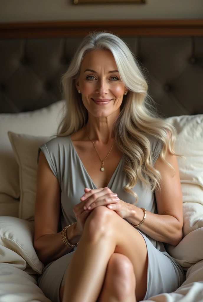 Adult woman with white hair sitting on a bed with her arms crossed with semi-wavy white hair.