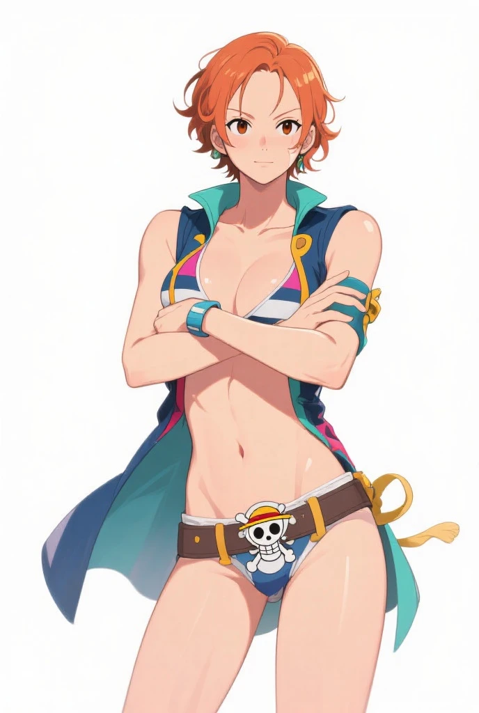Gere uma imagem realista no estilo anime de Nami de One Piece. Capture your distinctive look with orange hair, uma camisa listrada azul e branca, and a joyful expression. Certifique-se de que a imagem reflete sua personalidade aventureira e confiante como retratada no anime., plano amplo , corpo todo, Athletic curvilinear, peito grande, coxas grossas.