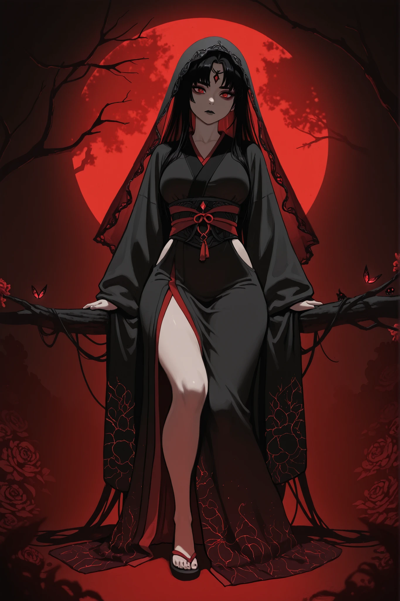 full-length, girl, long black hair, red makeup, black robe with a cutout on the chest, small breasts, lust, sexy figure
