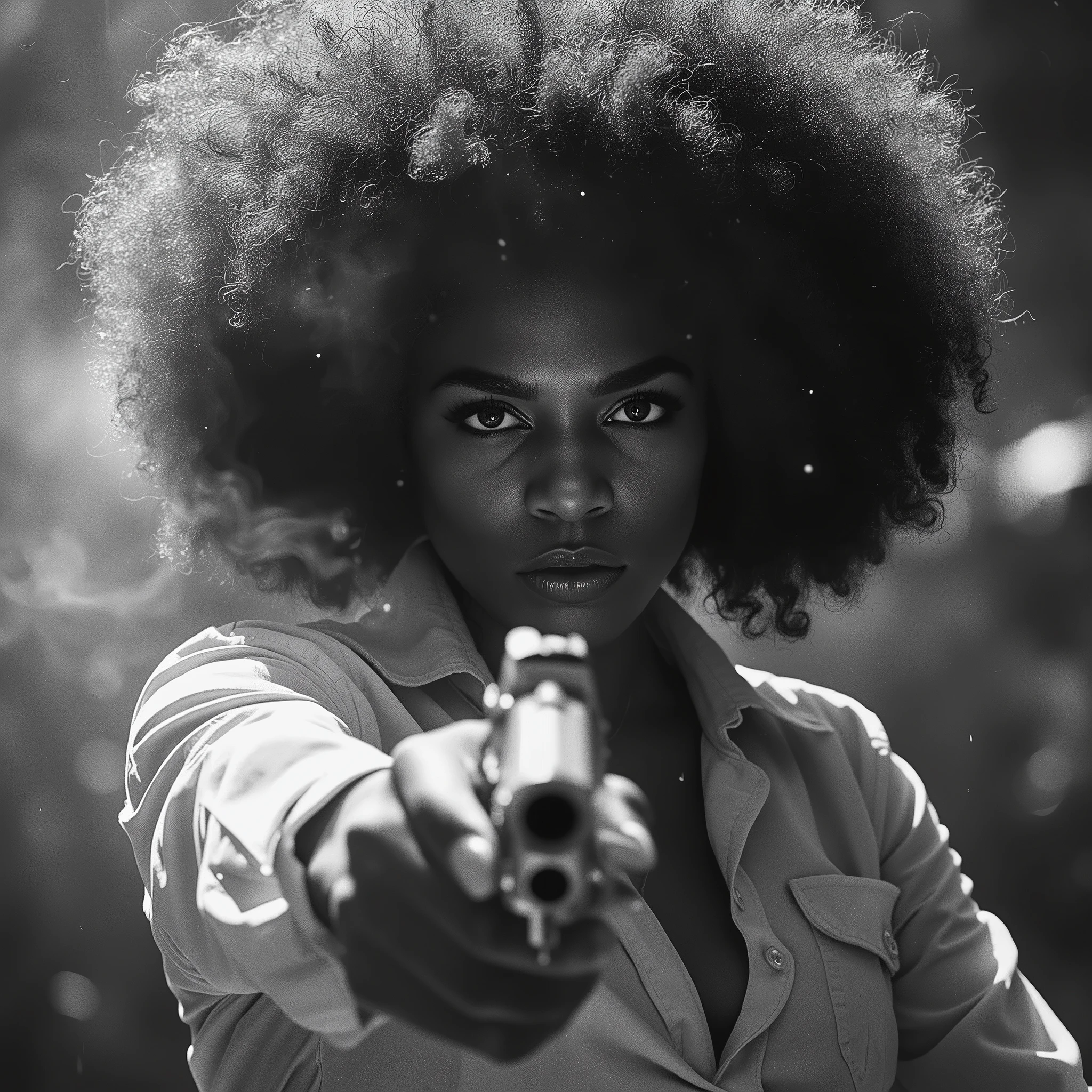 An ultra-realistic, cinematic close-up black-and-white portrait of a fierce woman from the 1970s Blaxploitation era. Her intense, commanding eyes lock directly onto the camera, radiating raw power and unshakable confidence. In the foreground, slightly blurred, she draws a gleaming silver revolver with swift, purposeful motion. Her voluminous, natural afro frames her determined expression, dramatically catching sharp, high-contrast lighting. Harsh beams of light pierce through thick cigarette smoke and suspended dust, carving bold highlights and deep shadows across the scene. The shallow depth of field isolates her fierce gaze and the motion of the weapon, heightening the immediacy and intensity of the moment. The absence of color enhances the textures—the subtle sheen of sweat on her brow, the shine of the revolver, the folds of her knotted blouse—amplifying the gritty, raw tension of a classic 1970s urban noir atmosphere. Every element converges to evoke danger, rebellion, and unstoppable charisma with timeless cinematic impact.