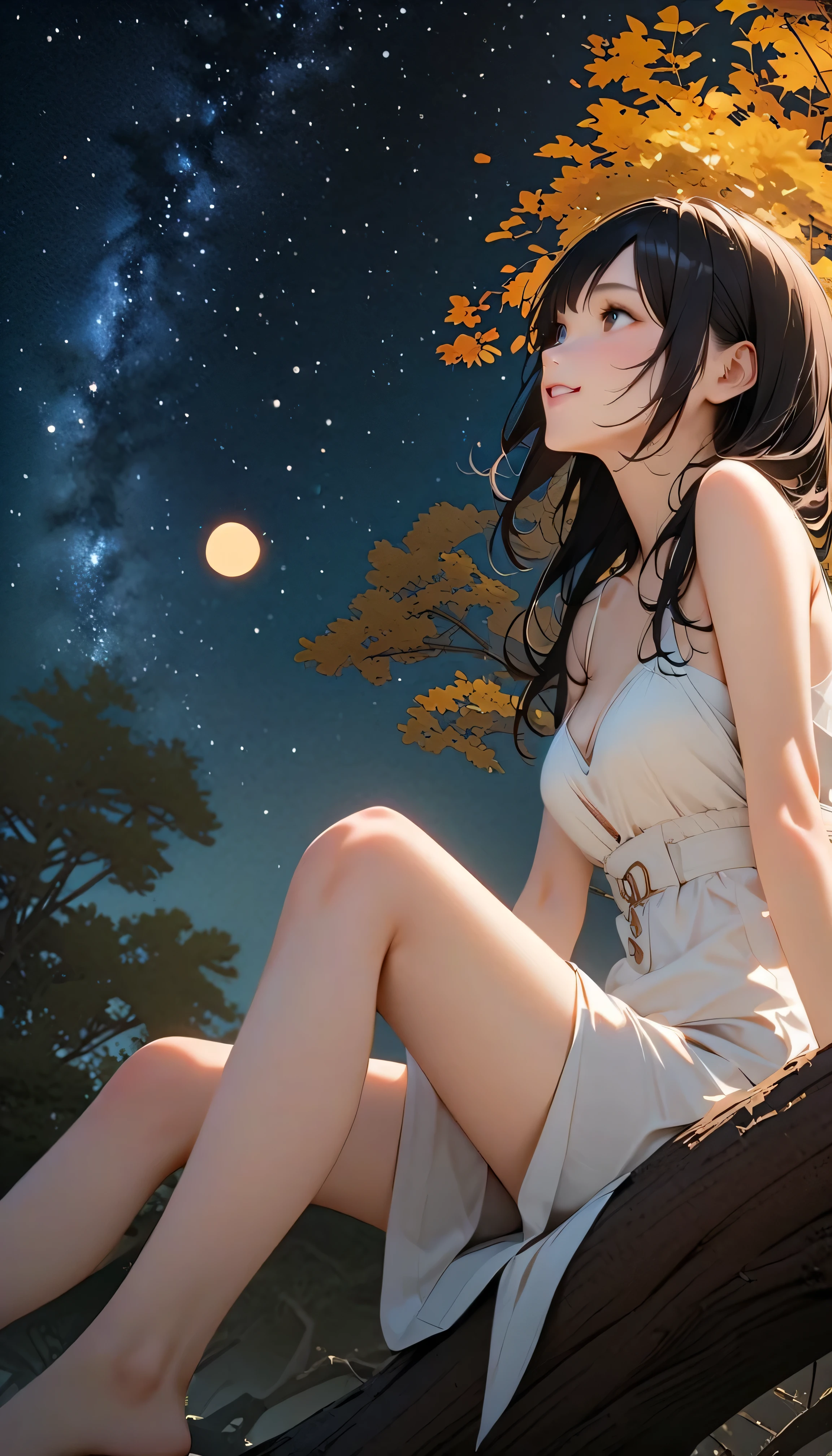(Highest Quality:1.2, 非常にdetailsな, newest, Highest Quality, Best Aesthetics), 8K Ultra HD, 非常にdetailsな, details, Bold composition, (perfect human structure), beautiful and very delicate texture, delicate and dynamic, romantic and sweet style, concept art style, 非常に複雑なdetails, the contrast between light and dark is clear, Structured, fantastic night,  light gradation , Vivid and gentle colors, An old tree, Fantastic starry sky, backlight, One nice girl, 非常にdetailsな目と顔, Dark Eyes,  smooth skin texture , shiny skin, kind expression, Girl sitting on a tree branch, smiles, black hair,  young,  light clothing, 2.5d, realistic, looks up at the night sky, angle from below