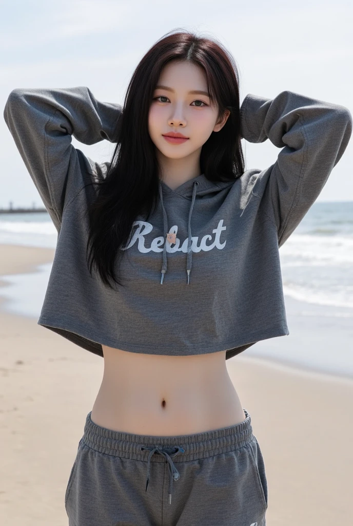 Raw photo, candid, textured skin, dynamic pose, 1girl, slender body, long long hair, pale skin, Korean, bright blue eyes, freckles, smiling, black hoodie, tight panties, camel toe, (thick thighs:1.2), (wide thigh gap:1.2), boat, photorealistic, best quality, 8k, masterpiece