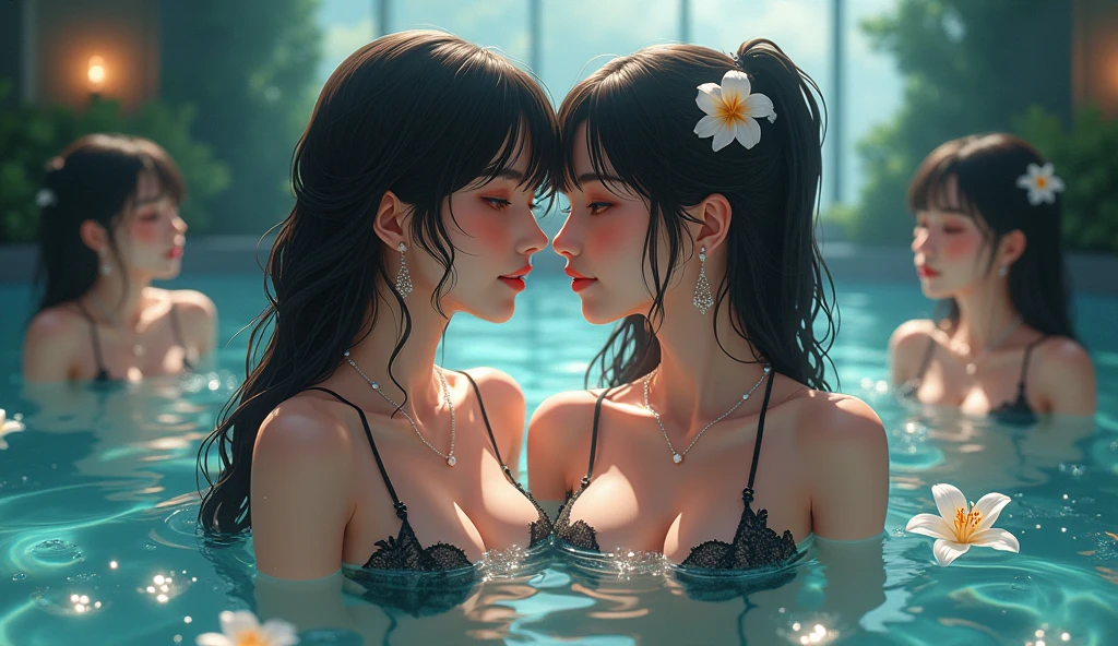 beautiful Ukrainian models posing in the swimming pool in anime style