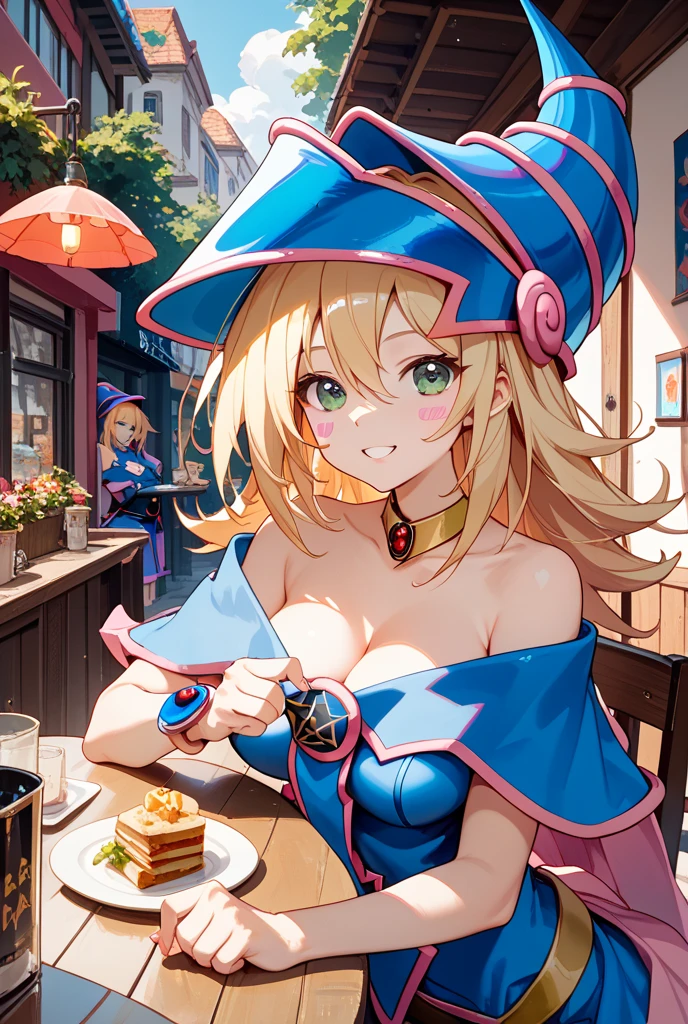 darkmagiciangirl, dark magician girl, blonde hair, choker, (green eyes:1.5), long hair,
BREAK bare shoulders, blue footwear, blush, blush stickers, cleavage, collarbone, duel monster, hat, off shoulder, pentacle, wizard hat, (blue clothes:1.5),
BREAK looking at viewer,
BREAK outdoors, city,
BREAK (masterpiece:1.2), best quality, high resolution, unity 8k wallpaper, (illustration:0.8), (beautiful detailed eyes:1.6), extremely detailed face, perfect lighting, extremely detailed CG, (perfect hands, perfect anatomy),