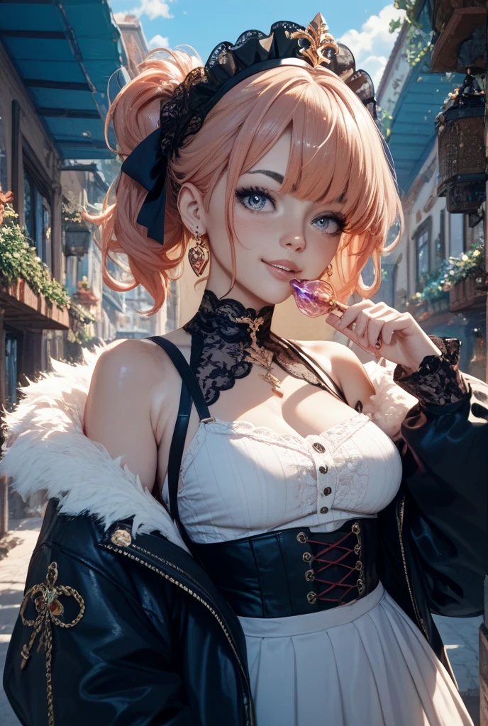 (masterpiece), (((Highest quality)), (Very detailed), 1 person, (Rainbow Hair, Colorful Hair, Half Blue、Half pink hair: 1.2), , (yukina: 1.2), Outdoor, bangs, smile, Sky blue eyes, Perfect hands, Perfect hands, Hand Detail, Modified fingers. Earrings, Night Store + background, Looking_in_Audience, Cowboy Shot, Highest quality, Rich details, Perfect image quality,
