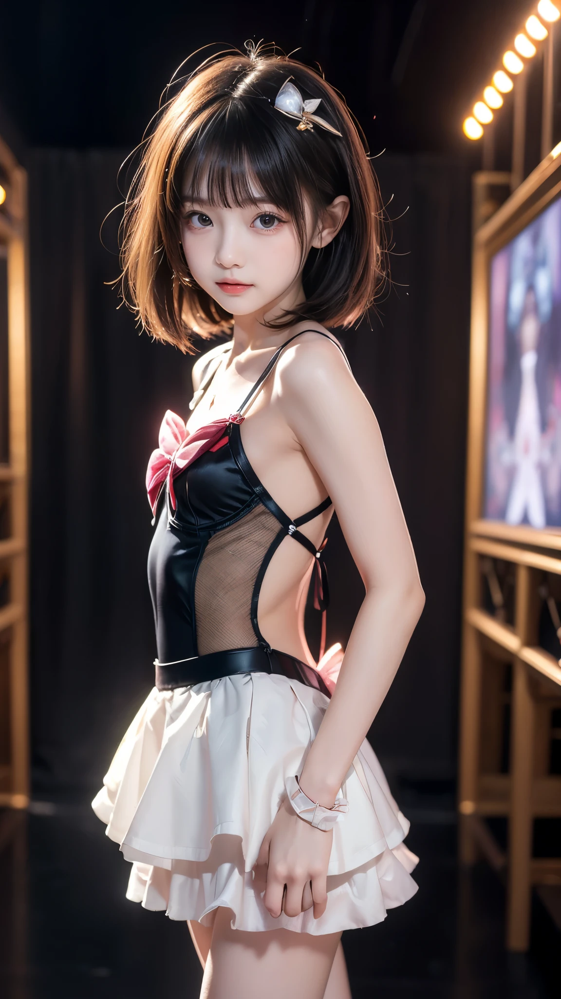 ((Highest quality)), ((masterpiece)), (detailed), One girl, sexy, 18 years old,Japanese、((flat chest:1.2)),Japanese女子高生、cute,A bow tie、((nipple))、frilled panties