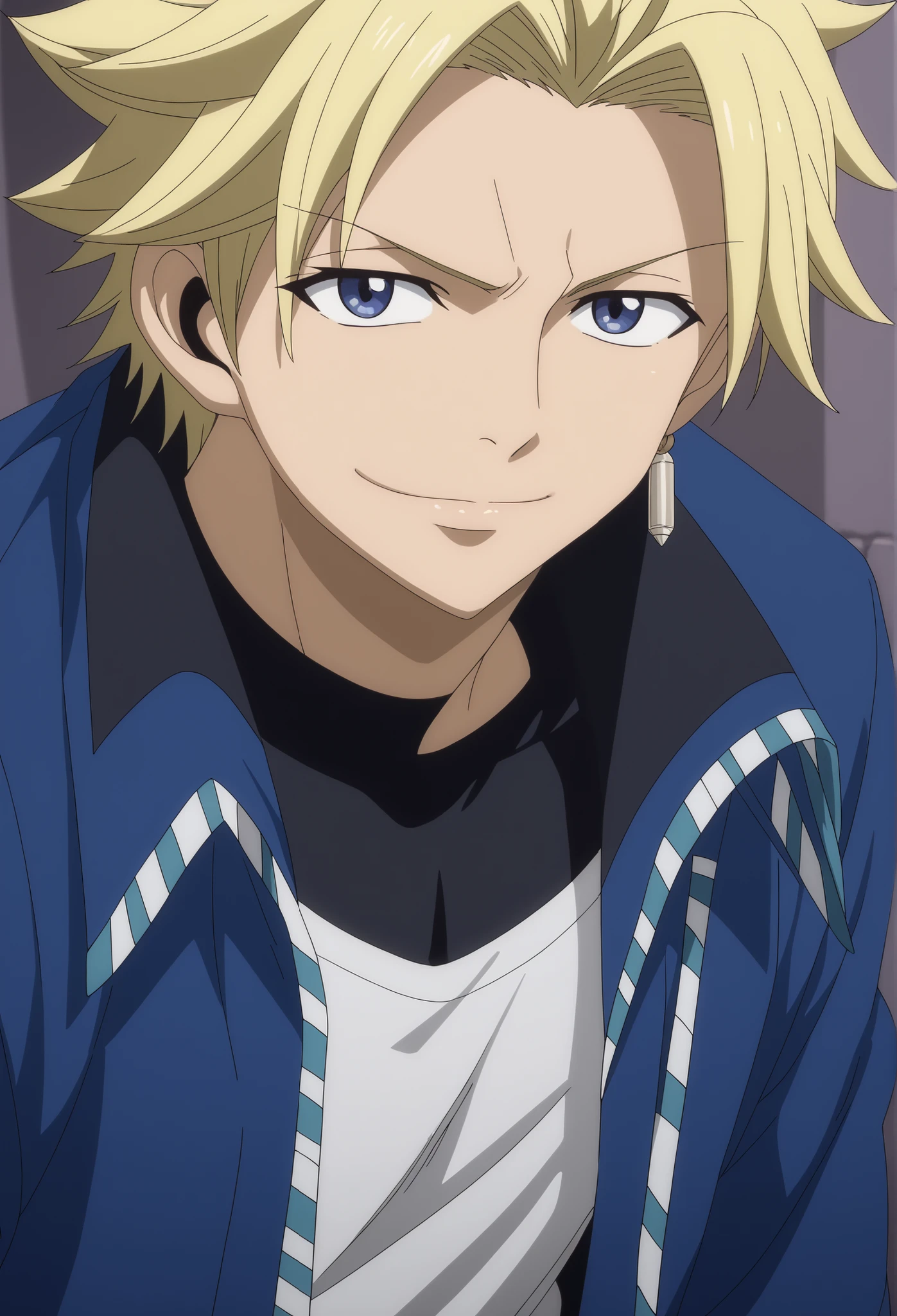 close-up, looking at viewer, score_9, score_8_up, score_7_up, source_anime, StingFT, Sting blonde hair, light yellow Sting, 1boy, male focus, anime screencap, a blue men's jacket with black details, which fits his athletic figure. Underneath, he wears a black long sleeved T-shirt. His pants are dark and tight fitting, and he completes the look with white fingerless gloves that add a modern touch. He also usually wears a belt with a decorative buckle. Official style, smile, happy, closed mouth