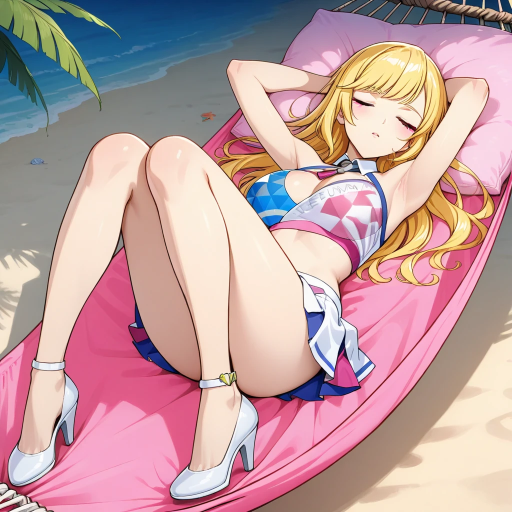 a GIRL in a white tank top on a beach chair with sunglasses on, 1girl, swimsuit, bikini, tan, tanlines, solo, blush, micro bikini, , navel, lying, on back, one-piece tan, arm up, blonde hair, armpits, spread legs, sweat, red eyes, looking at viewer, closed mouth,Ichigo Hoshimiya (Aikatsu!),sitting, squating, looking down, look at the viewer, from below
