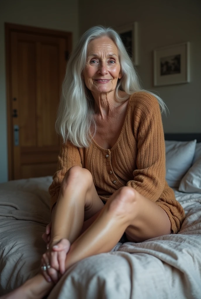 Liv Ullman, her name is Freydis, high quality, 1 old woman, ((50-year-old SLIM dutch woman)), ((50 years old)), (((wrinkled body))), ((((old body)))), ((LONG grey hair)), (((no make up))), (pale skin), (((blue eyes))), POSE: LAYING DOWN on the bed, ((she is nude)), seductive, sexy, alluring, BACKGROUND: indoor: CABIN bedroom in NORWAY, WOODEN WALLS, ((realistic vagina))
