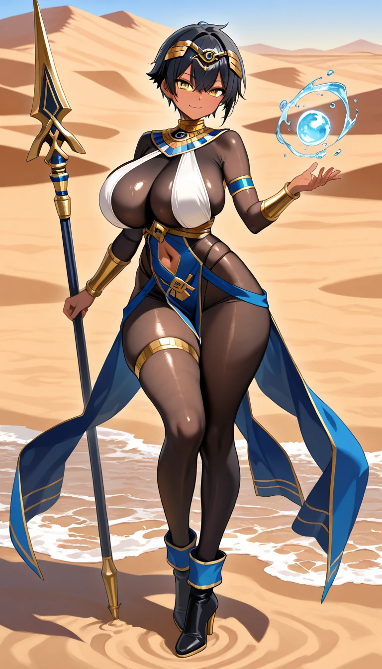 (Highest quality),(masterpiece), (Very detailed8K壁紙),Very detailed,Cinema Lighting, Detailed light, Best Shadow,Black Hair,another world,Detailed face, Detailed reflective eyes, Beautiful Eyes, 非常にDetailed face,Reflective Hair,sexy,Huge breasts,High exposure,Charm,from the front,One person,Medium gloss,Brown Skin,Blonde,Egyptian mythology,With clothes,Underwear included,Thin clothing lines,makeup,Head to below the knee,blue eyes,Embarrassed,