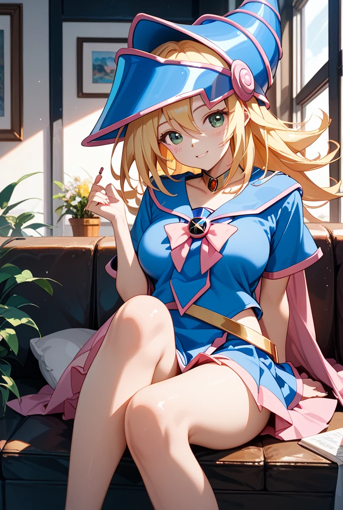 ((best quality)), ((highly detailed)), masterpiece, , (1girl), (solo), propped up on one elbow (\resting\), <lora:hairdetailer:1>, <lora:Dark Magician Girl:.6>, DMG, blonde hair, green eyes, blush stickers, smiling, wizard hat, off shoulder, capelet, skirt, gauntlets, boots, (outdoors, on the tundra, dawn, sunrise, hurricane)