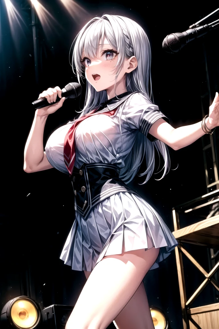 Grey Hair, long hair, Purple eyes, live stage, large breasts,, Live Stage, solo ,nsfw, nipple