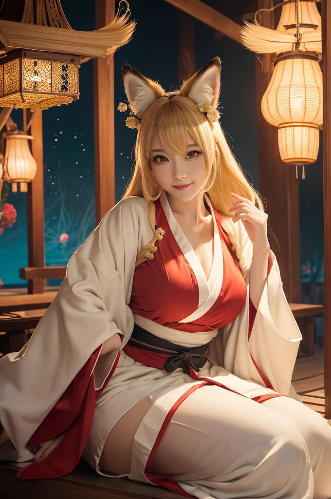 Anime girls wearing kimonos，sitting on a cushion，, a beautiful kitsune woman, Kitsune, fox nobushi, Orgasmic face，The chest is huge， Digital anime illustration, a beautiful fox lady, [ 4 K digital art ]!!, Digital anime art, seductive anime girls,Hand clasp --auto