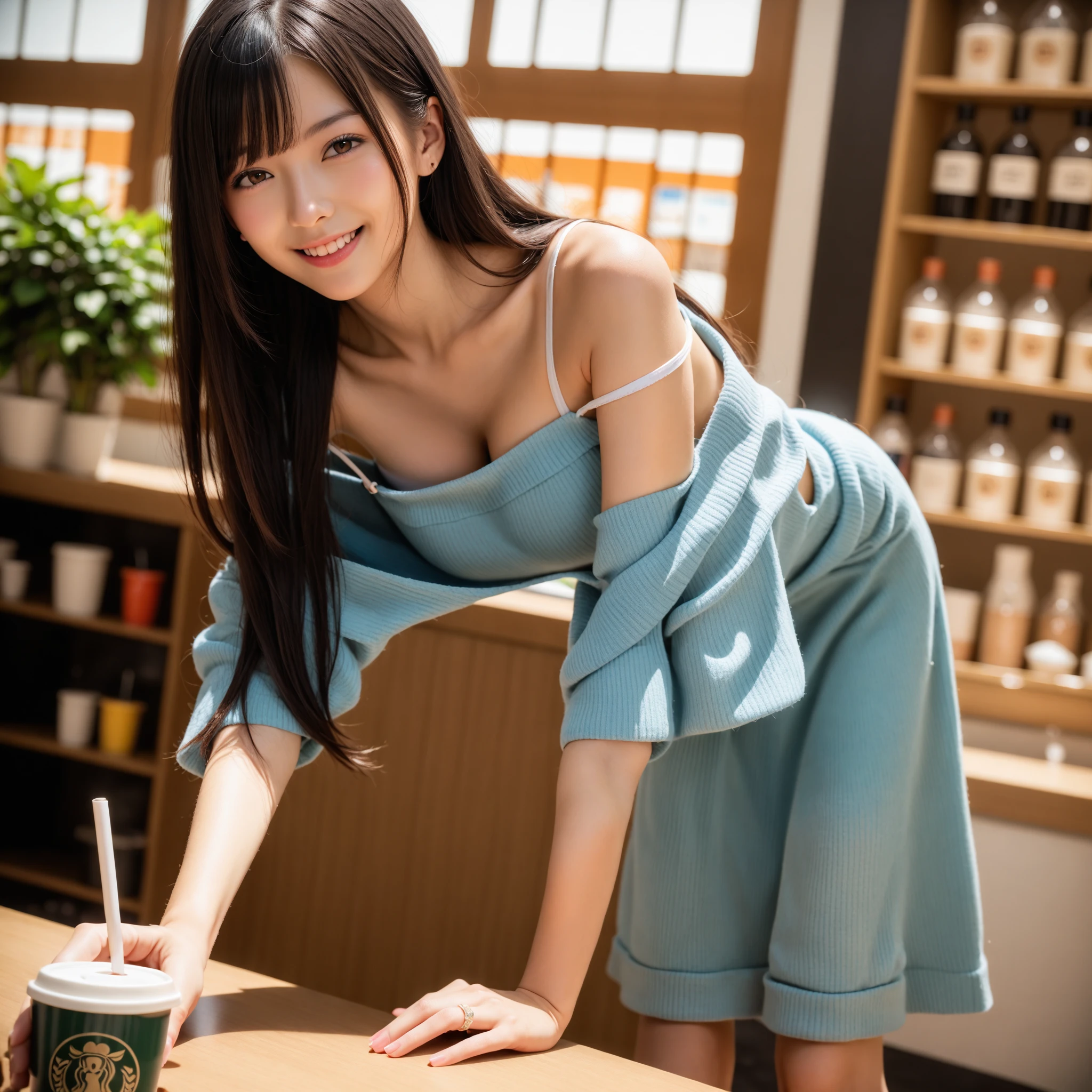 score_9, score_8_up, score_7_up, BREAK rating_explicit,(photo-realistic:1.2),(professional photo), realistic photo,subsurface scattering, volumetric lighting, light from the front, BREAK 1 female,22years old,kawaii,((Japanese)),Japanese idol face,black hime cut hair with side bangs,realistic skin texture,solo,kawaii, perfect body,(wearing pastel no-sleeve onepiece dress,sexy lace panty,sandals),(pale skin),(slender body:1.2),(small breasts),large hip, (blushing),day,bluesky,cafe,(sitting on chair),(hot coffee & 1 cake on the table),from head to knee shot,visible shadow of erect nipples,smile,(I can see her panty),(downblouse),(I can see her nipple),