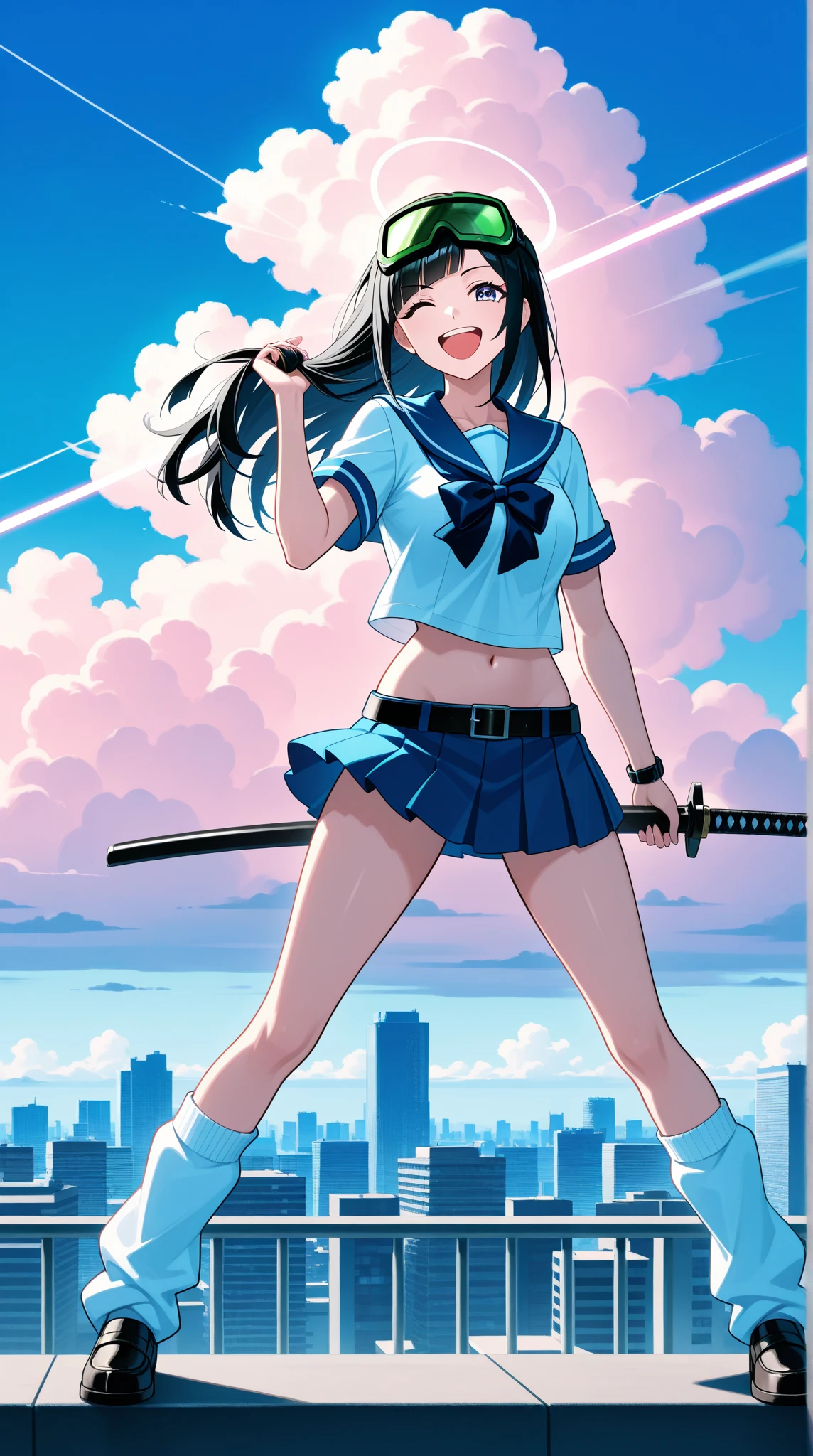 an anime character dressed up in a blue, white, and pink skirt on the beach, 1girl, solo, long hair, thighhighs, blue hair, blue eyes, looking at viewer, Bass Stop, black thighhighs,、Smile, To shine, Cheeks are red, school uniform thigh-highs:1.4 (mini skirt:1.3),(Stockings:1.2) high Quality Best Quality Makeover pose