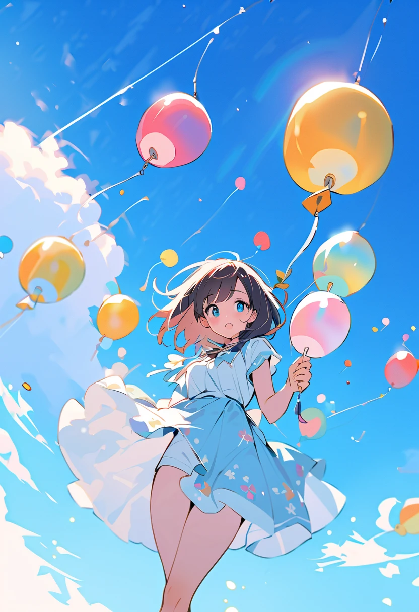 girl ((holding colorful balloons)),  on site, Colorful balloons floating in the sky,  hyper detail,  UHD, Super realistic  