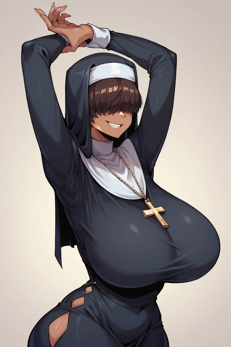 a woman nun big breast sexy bored serious sad emo sleepless eye sleep tired short black hair her pink eye wears a nuns suit shows navel and a gigantic long black skirt she tears off head person
