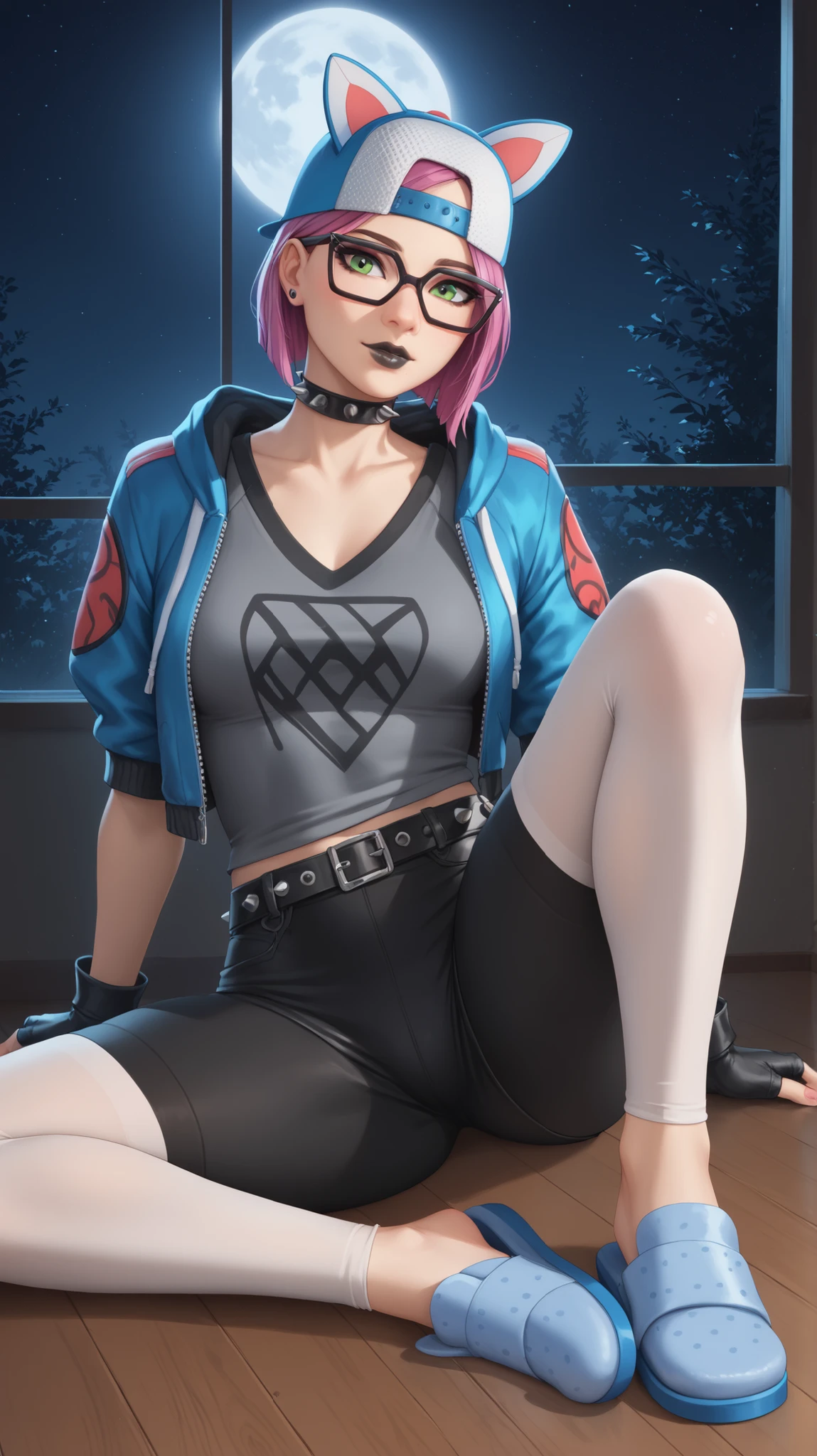 lince, gafas, gorra , Azul y Gris shorts con leggins, guantes sin dedos, sentada, Noche, Extremadamente detallado, rostro detallado ,hermoso rostro, ojos finos, mirando al espectador, pose femenino.