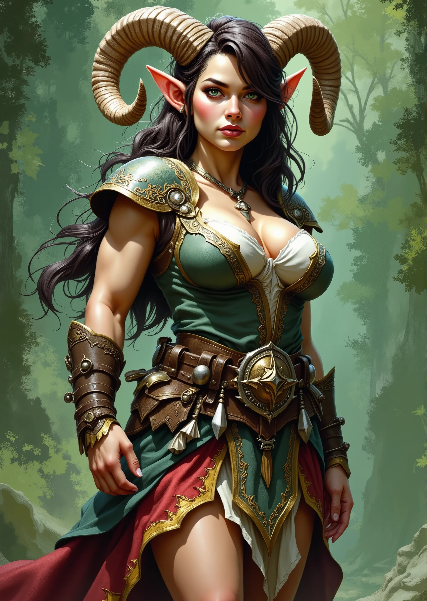 erotic fantasy artwork, highly detailed closeup painting of a (Gnome woman with tan skin), perfect face, standing, looking at viewer, seductive, large breasts, cleavage, (downblouse), oil on board, teasing, D&D concept art, Forgotten Realms, front view, (by Brom:1.1)