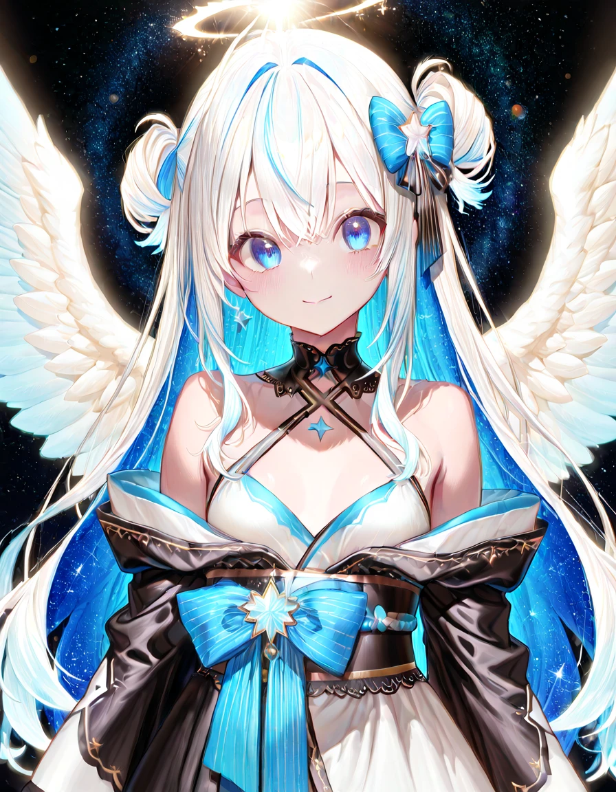 girl、silver hair、blue eyes、low twin tails、smile、White princess dress、frilloe sleeves、off shoulder、join hands、Angel's wing、big breasts