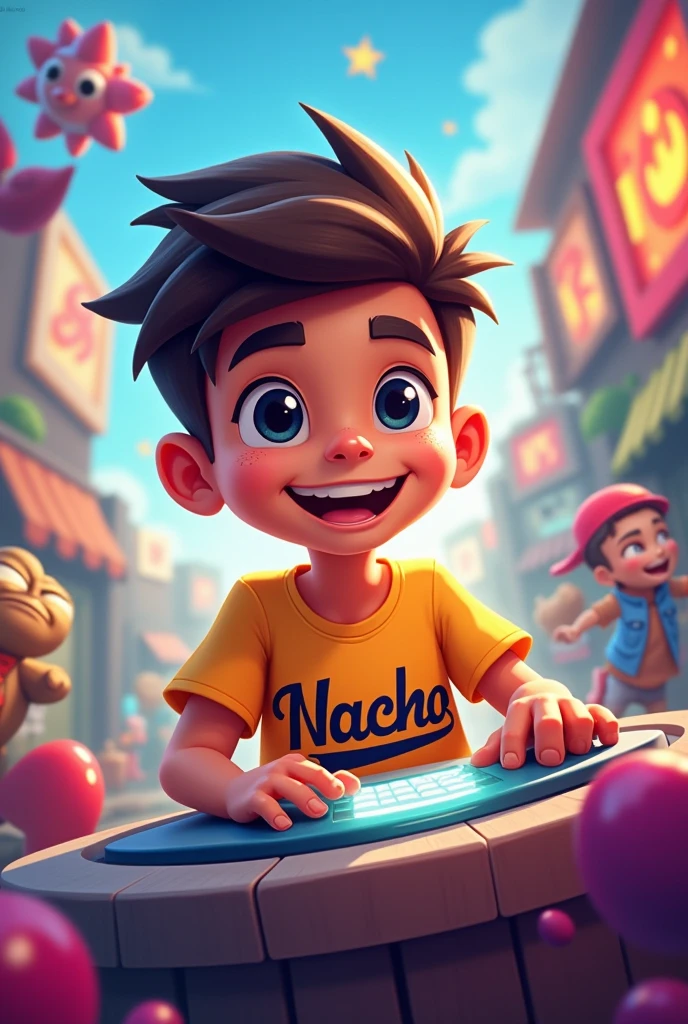 An image of a boy who says Nacho on his shirt and who is playing Brawl Stars which is a mobile game