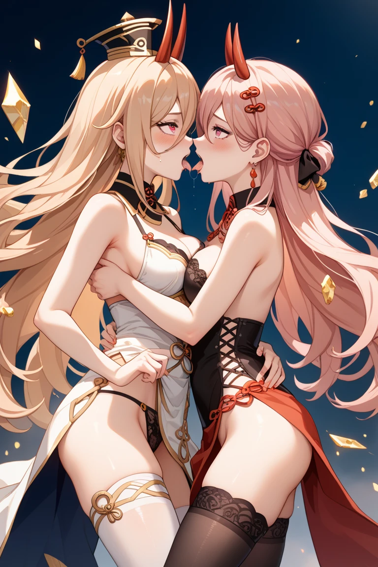(2 girls:1.5) (very close up:1.5) (crawling on fours:1.4) (from behind:1.5) (adult woman:1.2) (topless:1.1) (elaborate beautiful red gold:1.2) (ruby red chains on wrists) (ruby red halo) red rose choker, night, dark cozy bedroom, mood lighting, on bed, Absurd, Perfect Anatomy, performance, Good lighting, Shadows in the movies, very large breasts, large butt, thin waist, Long HAIR, (blonde hair), (loving look:1.4), original HAIR style, Dynamic Angle, (detailed face:1.3) (dynamic lighting:1.5), (ruby red eyes) (ruby red leaf bracers on arms) (ruby red leaf hair piece) (elaborate ruby necklace) (red roses on bed:1.3) (red roses in hair) (stunning beautiful red eyes)