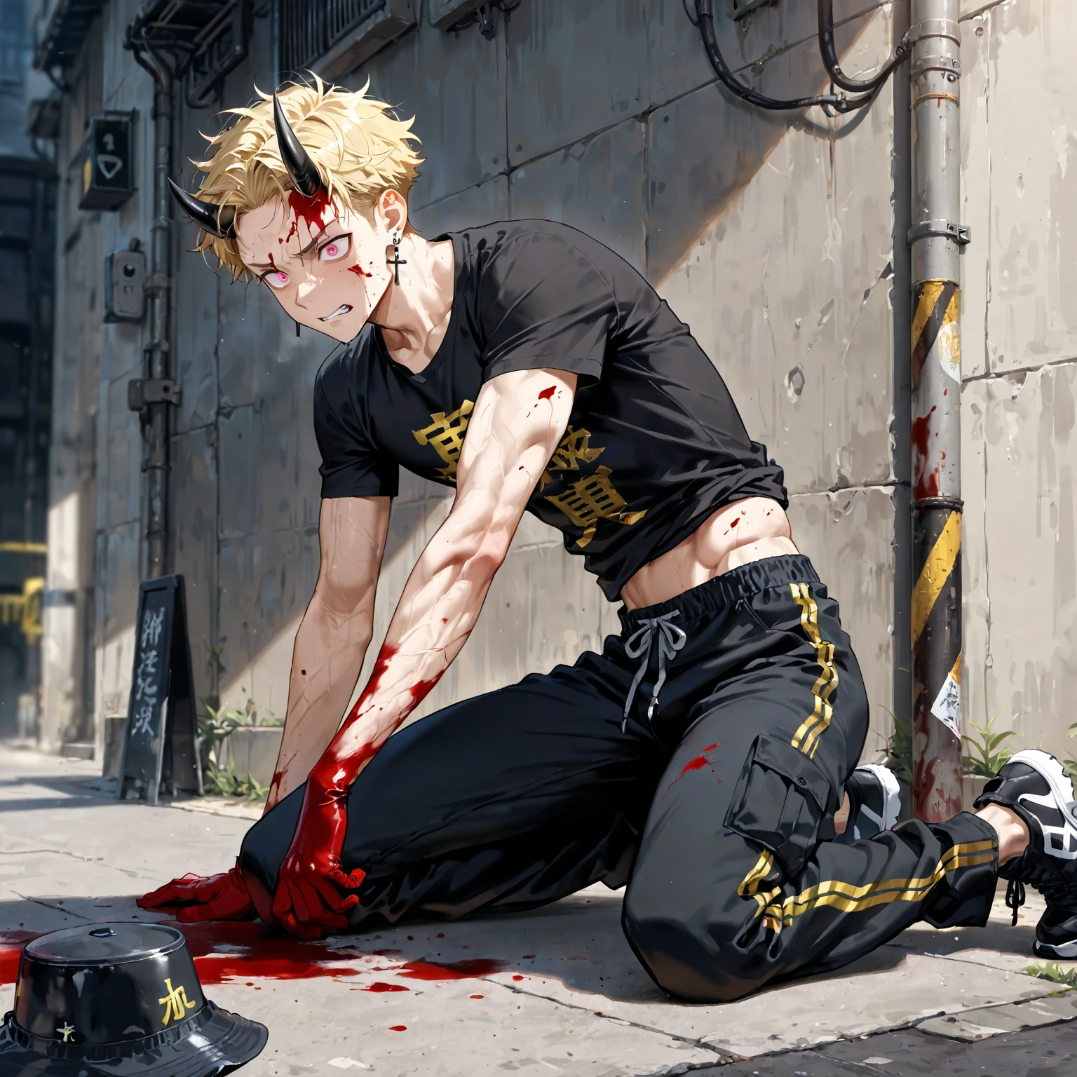 Solo character, full body version, ??? boy, blonde hair, short haircut, topless, black short jeans, blood, no shock, no shoes, indoor, prison, darkness, handcuff, (black clover style)