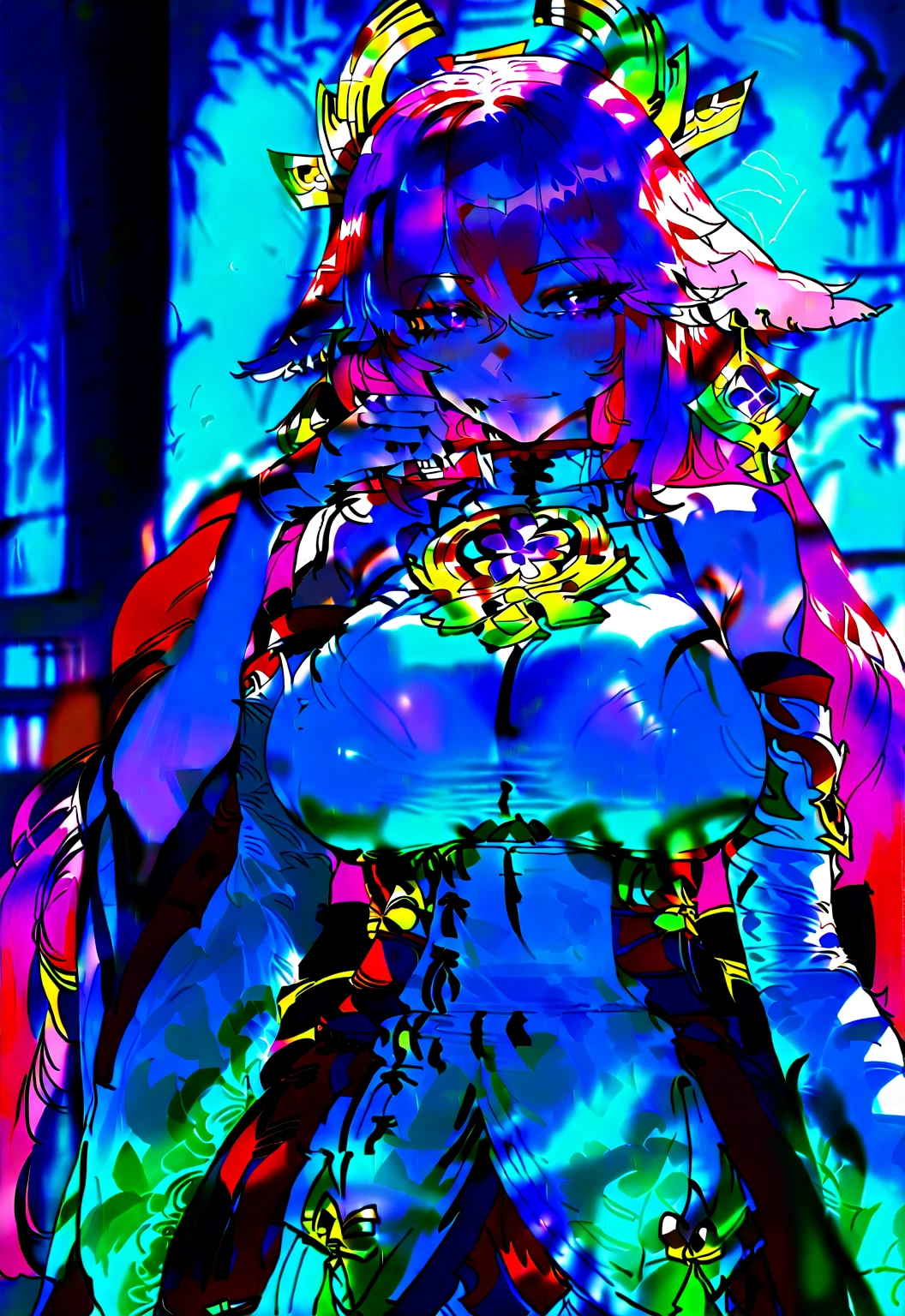 best qualtiy、​masterpiece、The upper part of the body、(Adults:1.6) Hungarian woman、(Smirk:0.4)、Arms behind the head、Golden braided hair、radiant eyes、Victorian sundress、Suspended light particles、centre、huge breasts2.0