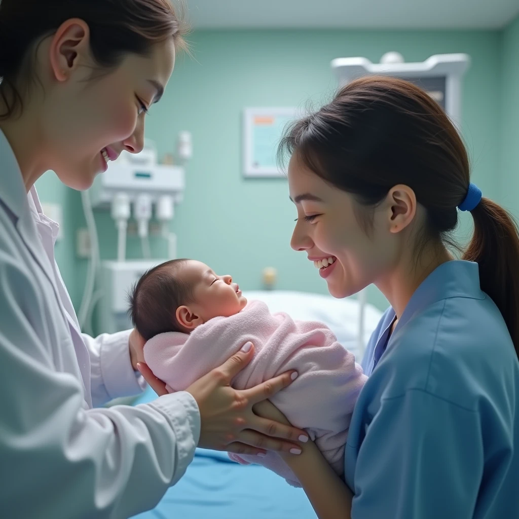 A midwifery student with new born baby and the mother