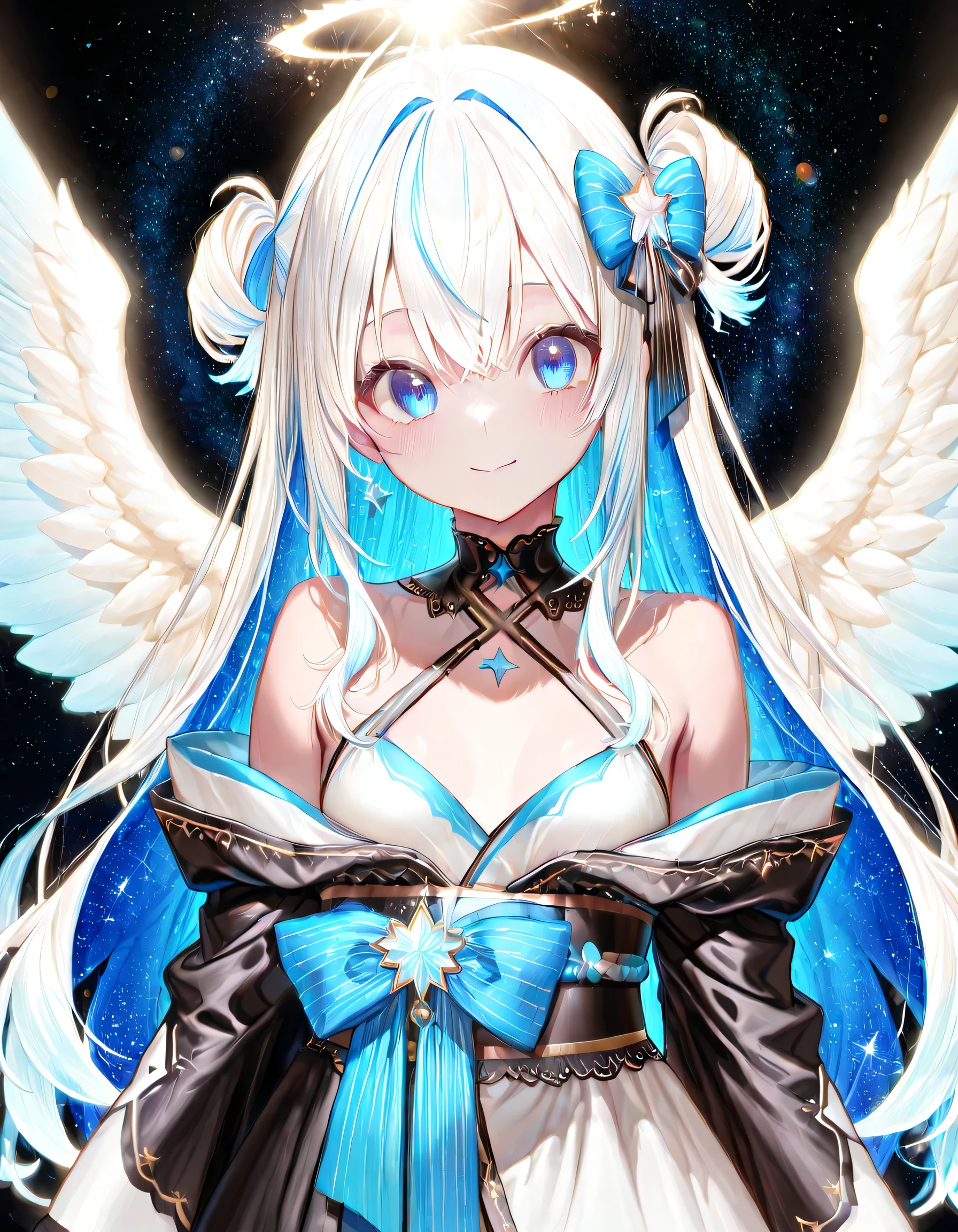 starの妖精、character design sheet、facing the viewer、best detail、Highest Quality、最高masterpiece、Super Detail、high precision、 Best Details 、 Best Composition、 masterpiece, 8k, girl, small breasts, angel,Wings of Light , fantastic、god秘的, light, god々like、 眩like, milky white hair color , Shine, 逆Light, flare, Bokeh, (素晴らlike), starをモチーフにした衣装、universe、Milky Way、流star群、star々、Gothic ta Kimono 、Shoulder、 with long sleeves 、The cuffs are widened、gradation hair color from milky white to the tips of the hair blue、unique cute hairstyle、Big ribbon on the head、