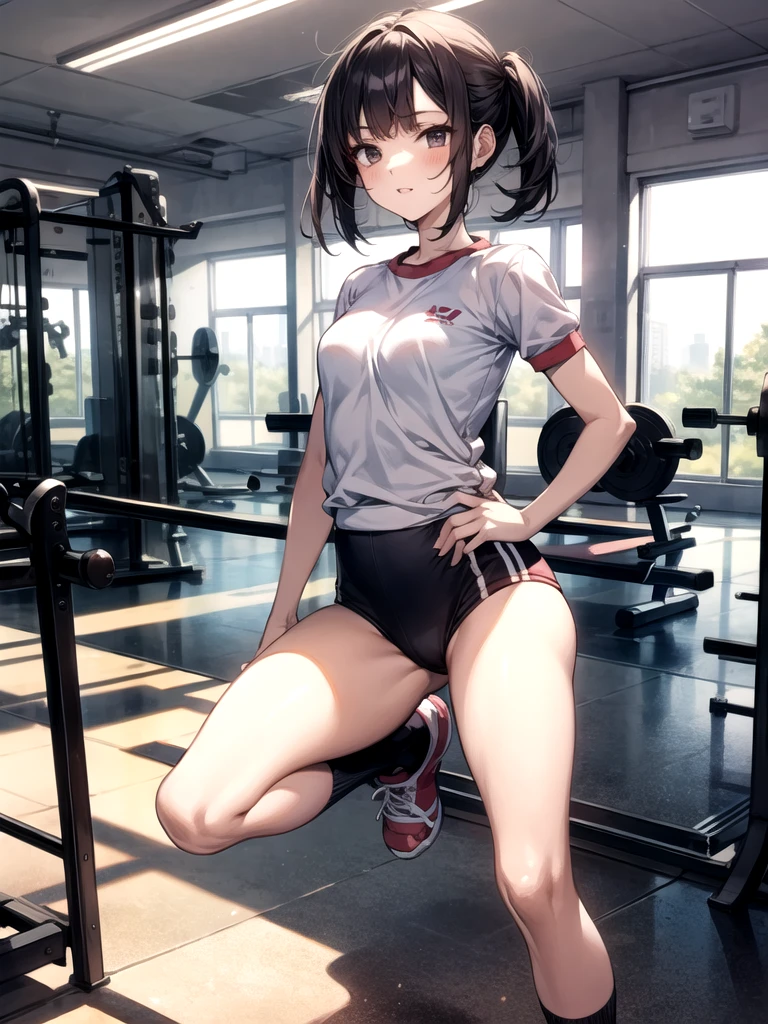 ((best quality)), ((masterpiece)), ((detailed)), (((perfect face))), (((slender 18yo teenage girl))), ((((medium breasts)))), ((((topless)))), ((((tiny black cycling shorts)))), ((dark brown hair)), ((short ponytail)), (((blue eyes))), ((shy:1.3)), ((blushing:1.5)), (((bare chest))), ((bare stomach)), ((bare shoulders)), (((bare arms))), (((standing))), ((((gym, workout machine)))), ((((detailed background)))), (((shy arms)))