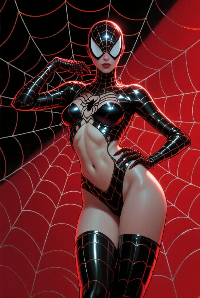 Obra-prima, 8k, realista, good ilumination, terno preto do homem aranha venom com aranha branca no peito, loira))), cabelo comprido, sem corte, rosto bonito, chuva, telhado, obra-prima, detalhes trincados, anatomia perfeita, (((Swinging in the web)))(camel-toe, Vulvar shape:1.2),Full body tights