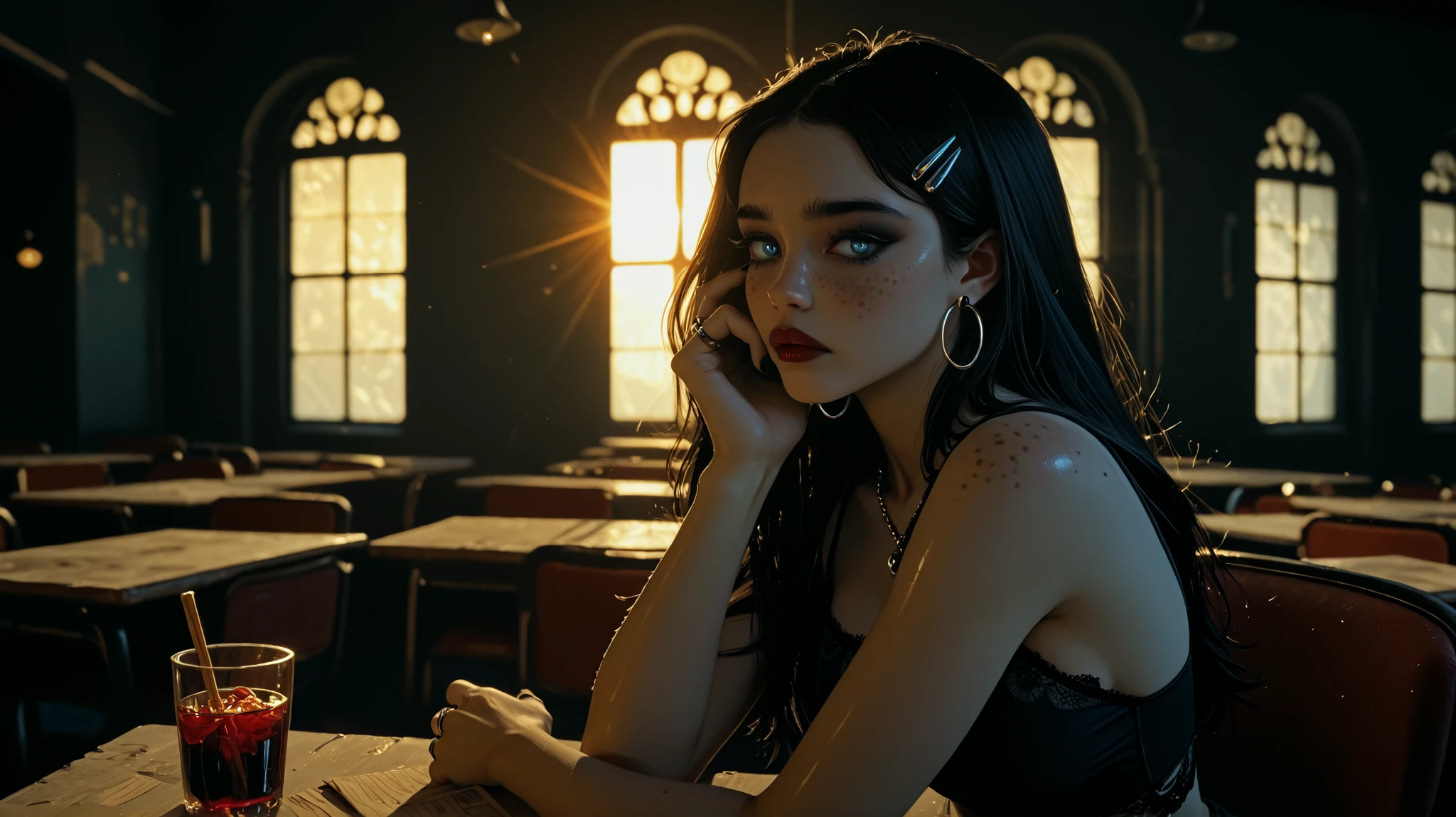 goth girl, in lunchroom, black nails, sitting at table, long black hair, goth outfit, spaghetti strap lace top, rings, goth necklace, skinny, view from side, heavy goth makeup, sad look, 1girl, Solo, High Resolution, looking at viewer, Bangs, Masterpiece, High Resolution, Anatomically Correct, Detail, High Details, High Quality, Hoop Earrings, cute freckles, Jewelry, Hair Clip, Backlighting, Bloom, Cinematic Lighting, God Rays, score_9, score_8_up, score_7_up, cinematographic film image, large breasts, heavy cat eye eyeliner, heavy eyliner, shiny dark red lipstick, full lips, blue eyes
