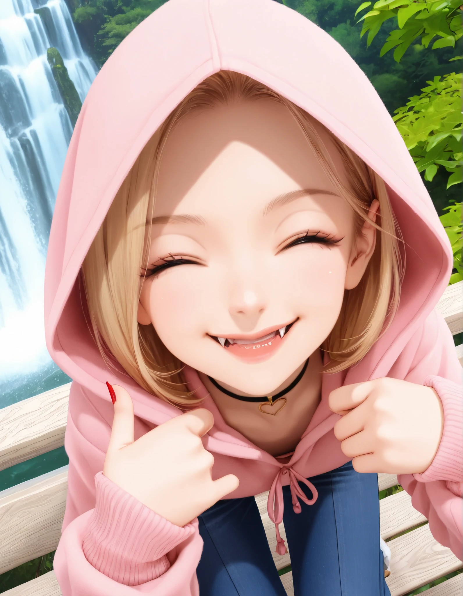 1girl, solo, feminine, cute, pretty, half european, half asian, model pose, close-up of nose, flirting pose, fashion, luxury, luxurious, wealthy, clean, (young), beautiful, short, petite, thin, pink sweater, pink hood, centered on neck, close up, full body, closed eyes, long silky blond hair, jean pants, (huge Vampire fangs), dominant, arrogant, socks, smug, confident, evil, mean, mischief, cocky, sly, playful, seen from above, (mischievous mean smile:1), haughty, closed lips, high resolution, anime, masterpiece, waterfall background, forest landscape background,