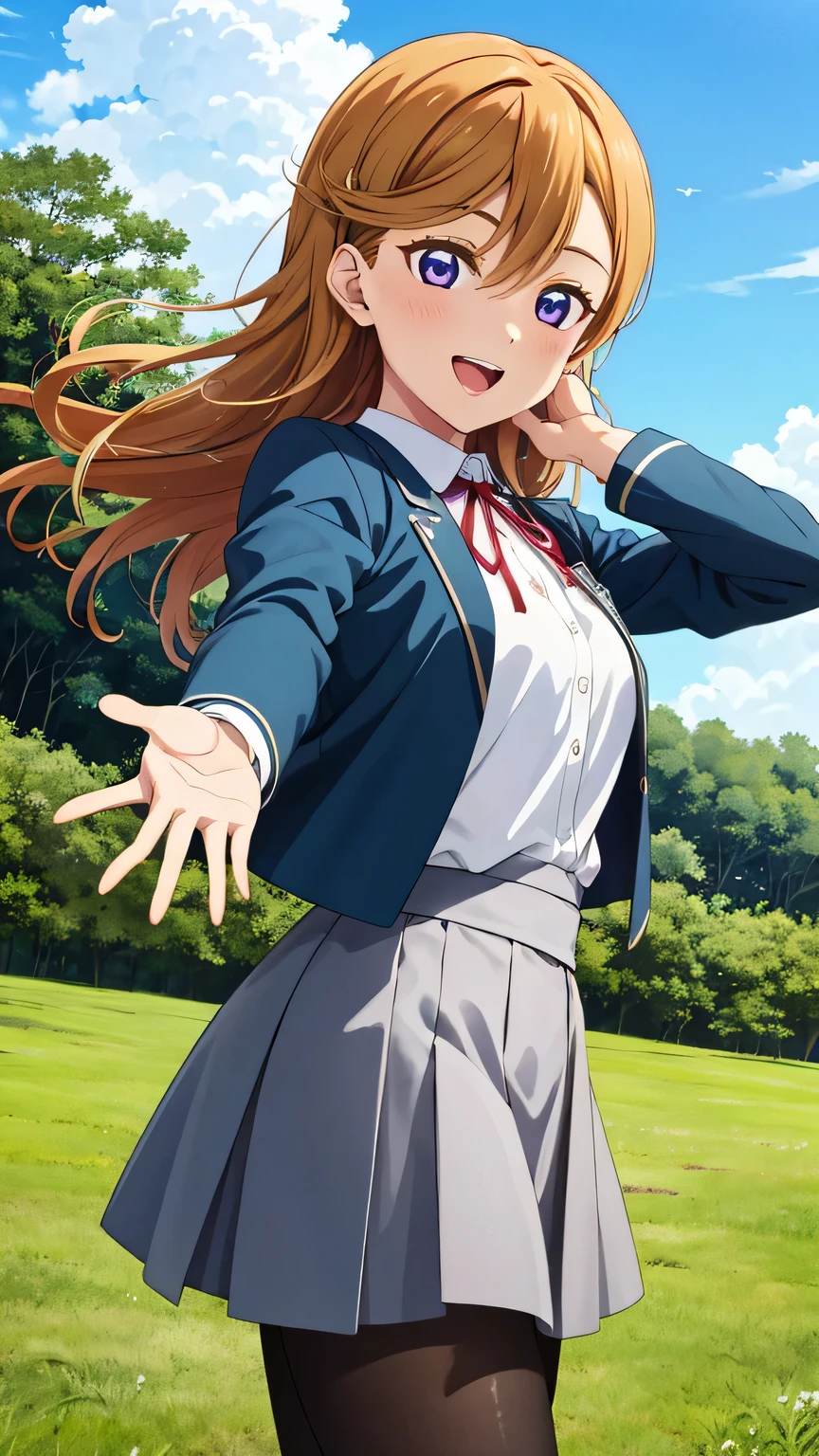{{{masterpiece}}}, (best quality:1.5), (ultra-detailed:1.5), {illustration}, {{an extremely delicate and beautiful}}, (beautiful detailed eyes:1.6), absurdres, highres, extremely detailed face, 16k, hd, visual anime de uma jovem mulher, extremamente bonito rosto de anime, anime melhor garota, (perfect hands, perfect anatomy), anime face, shibuya kanon(love live! superstar!!), 1girl, solo, cute face, orange medium hair, semi-long hair, asymmetrical bangs, (purple eyes:1.2), medium breasts, big hips, curvaceous, BREAK, {{yuigaoka school uniform}}, blue jacket, open jacket, long sleeves, grey pinafore dress, white collared shirt, red neck ribbon, black pantyhose, black socks, BREAK, INCOMING HUG, INCOMING KISS, open hand, beckoning, reaching, blush, sorriso alegre, open mouth, visual anime de uma jovem mulher, extremamente bonito rosto de anime, anime melhor garota, sorriso astuto, outdoor, sky, daytime, forest, field, from side, medium close-up shot