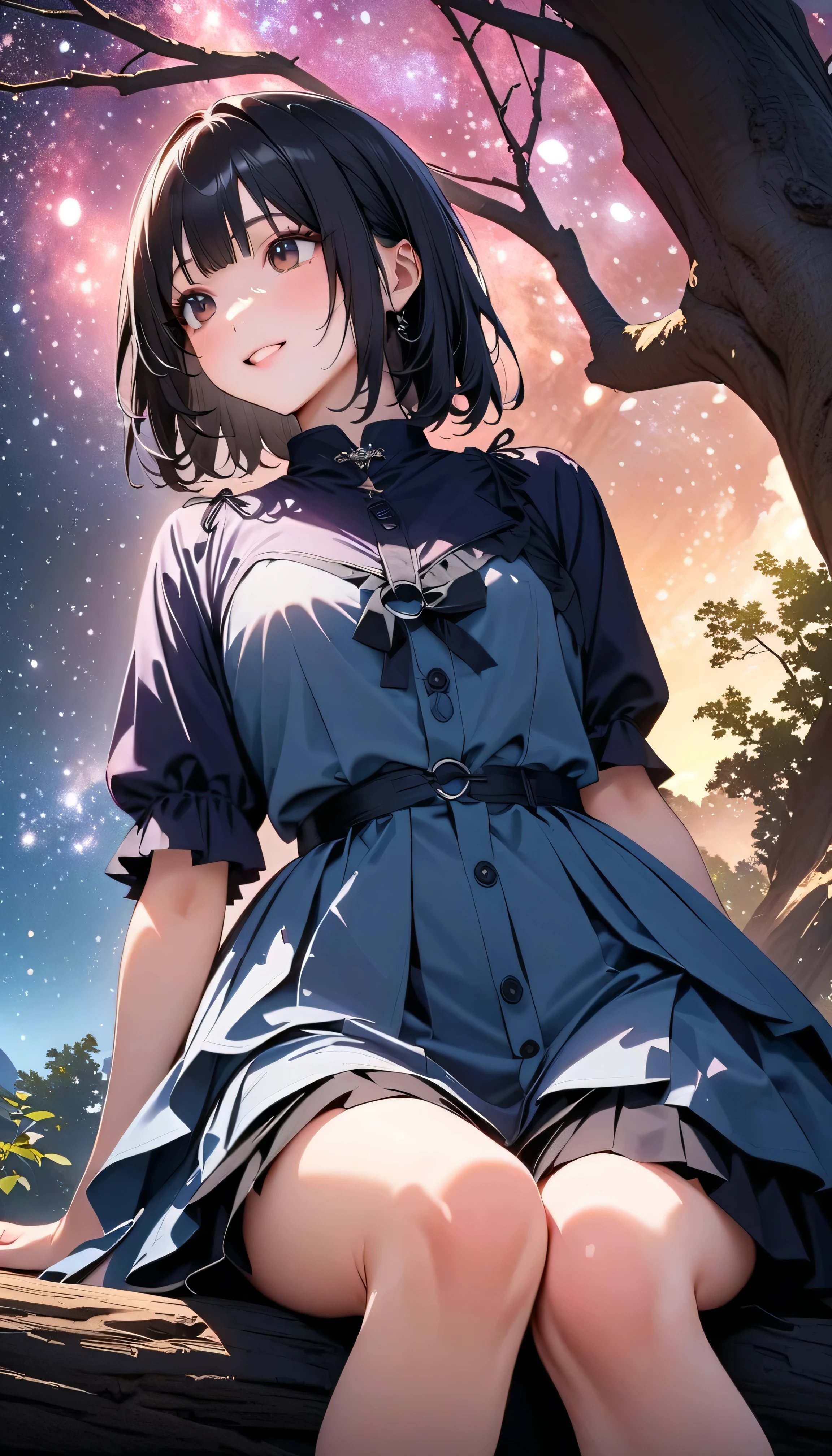 (Highest Quality:1.2, 非常にdetailsな, newest, Highest Quality, Best Aesthetics), 8K Ultra HD, 非常にdetailsな, details, Bold composition, (perfect human structure), beautiful and very delicate texture, Delicate and Dynamic, romantic and sweet style, concept art style, 非常に複雑なdetails, the contrast between light and dark is clear, Structured, fantastic night, light gradation , Vivid and gentle colors, An old tree, Fantastic starry sky, backlit, One nice girl, 非常にdetailsな目と顔, Dark Eyes, smooth skin texture , shiny skin, kind expression, Girl sitting on a tree branch, smiles, black hair, young, short, lower-class, light clothing, 2.5d, realistic, looks up at the night sky, angle from below