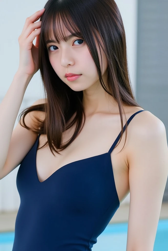 Top quality, 1 beautiful woman, sad, wearing navy swimsuit, 35mm lens, f/1, cowboy shot, pale skin, large chest, middle Hair with Blunt Bangs , looking up at viewer, (crawling position on their hands and knees:1.3), Low Key Lighting, night, classroom