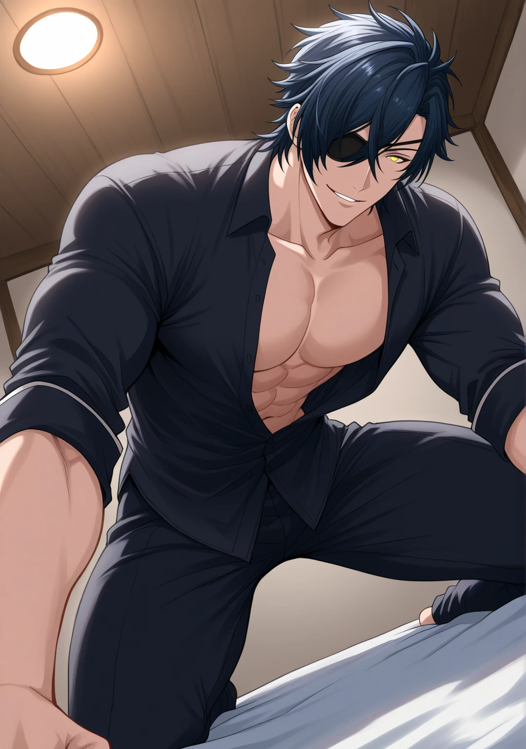 Un garçon dans le style animé japonais cheveux brun yeux violet  musclé dans sa chambre assis sur son lit en train de déshabiller son pantalon on peut apercevoir  son boxer  violet à carreaux blanc il porte une chemise blanche ça cravate bleu dinoué expression du visage il sourit avec ses dents carnassier beau gosse sexy  transpiration on peut apercevoir son boxer  à une érection sexy  serrer  on peut voir son pantalon sur sa jambe droite on peut voir sa bite dan son boxer  violet carreaux blanc