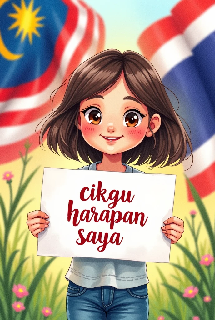 A pretty hijabi 20 years old girl with sweet smile on her face waving Malaysian's flag proudly infront of her village's house