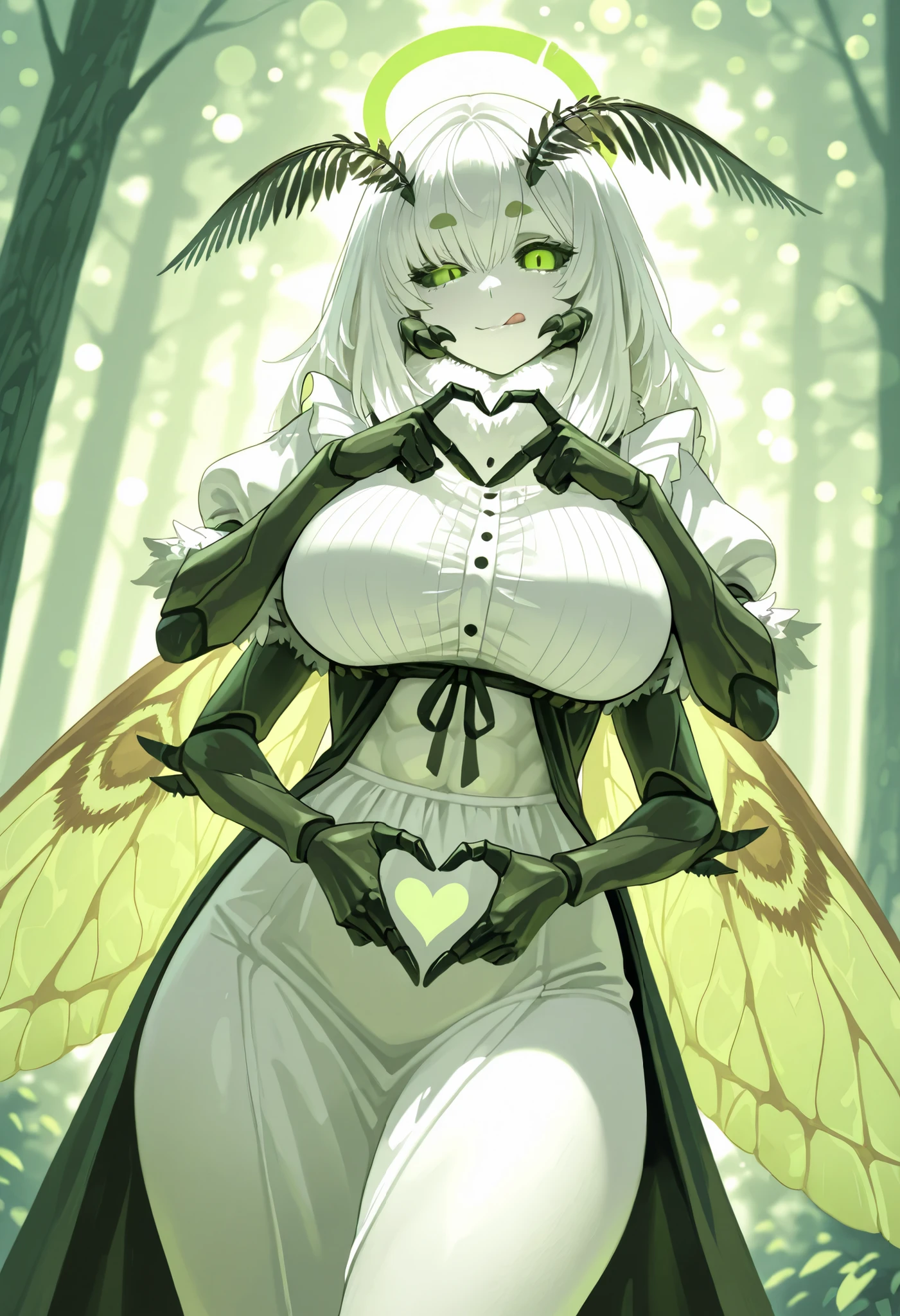 (masterpiece, best quality, high quality, highres, ultra-detailed), anime source, black sclera, green eyes, moth girl, monster girl, antennae, moth wings, white skin, mandibles, 1girl, solo, juniperactias, halo, monster, white hair, white skin, green eyes, black sclera, antennae, insect girl, moth wings, carapace, large breasts, multi limb, multi arm looking at viewer, bokeh background, mature female, calm and mature expression, light smile, licking lips, forest background, dutch angle, exoskeleton, thighs, bangs cover one eye, abs, thick, thick thighs, heart hand gesture, maid dress,